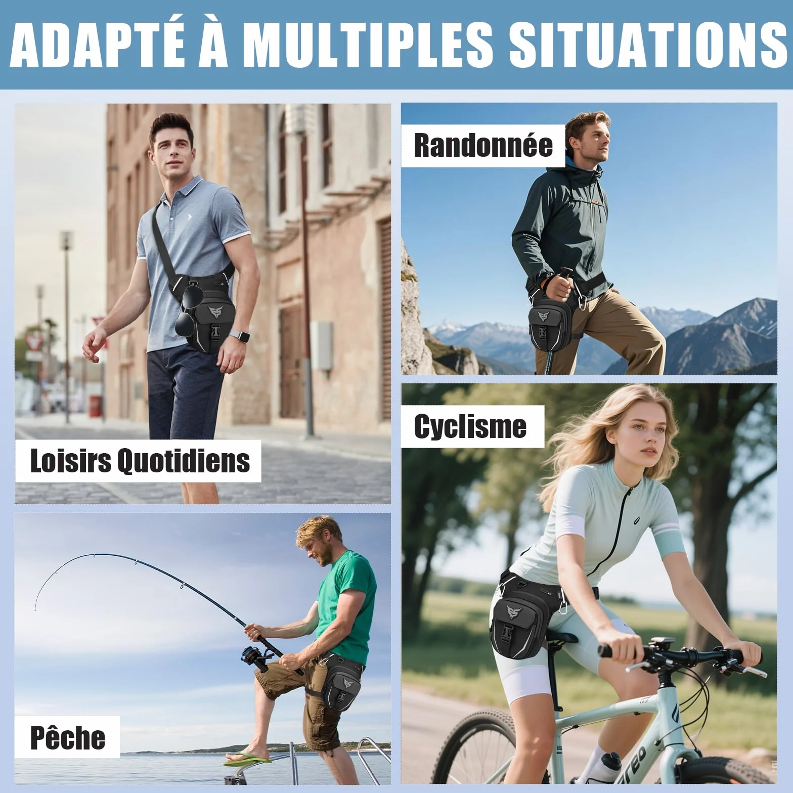 Eshow Sacoche de Jambe Moto Capacité Extensible,Sac Banane Homme Femme Bande Réfléchissante, Ceinture Réglable, 4 Mousquetons Randonnée Outdoor