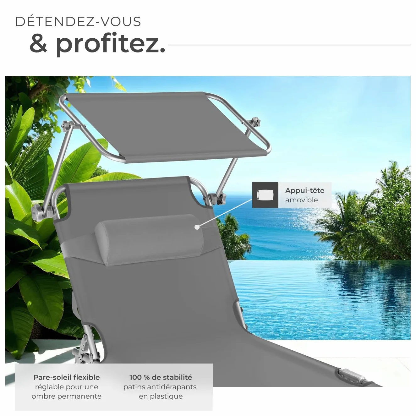 Tectake Set de 2 Chaises Longues Pliantes avec Pare Soleil & Appuie-tête - Transat Inclinable de Plage Gris