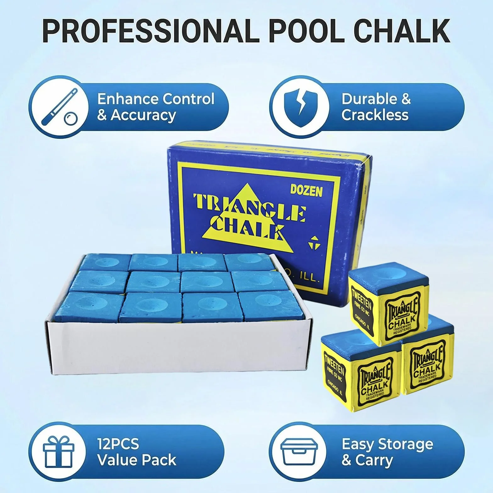 12 Craies de Billard Professionnelles de Haute Qualité,Couleur Bleue, Améliore la Précision et la Durabilité pour Joueurs de Snooker et de Billard,Accessoire Essentiel avec Boîte de Rangement Pratique