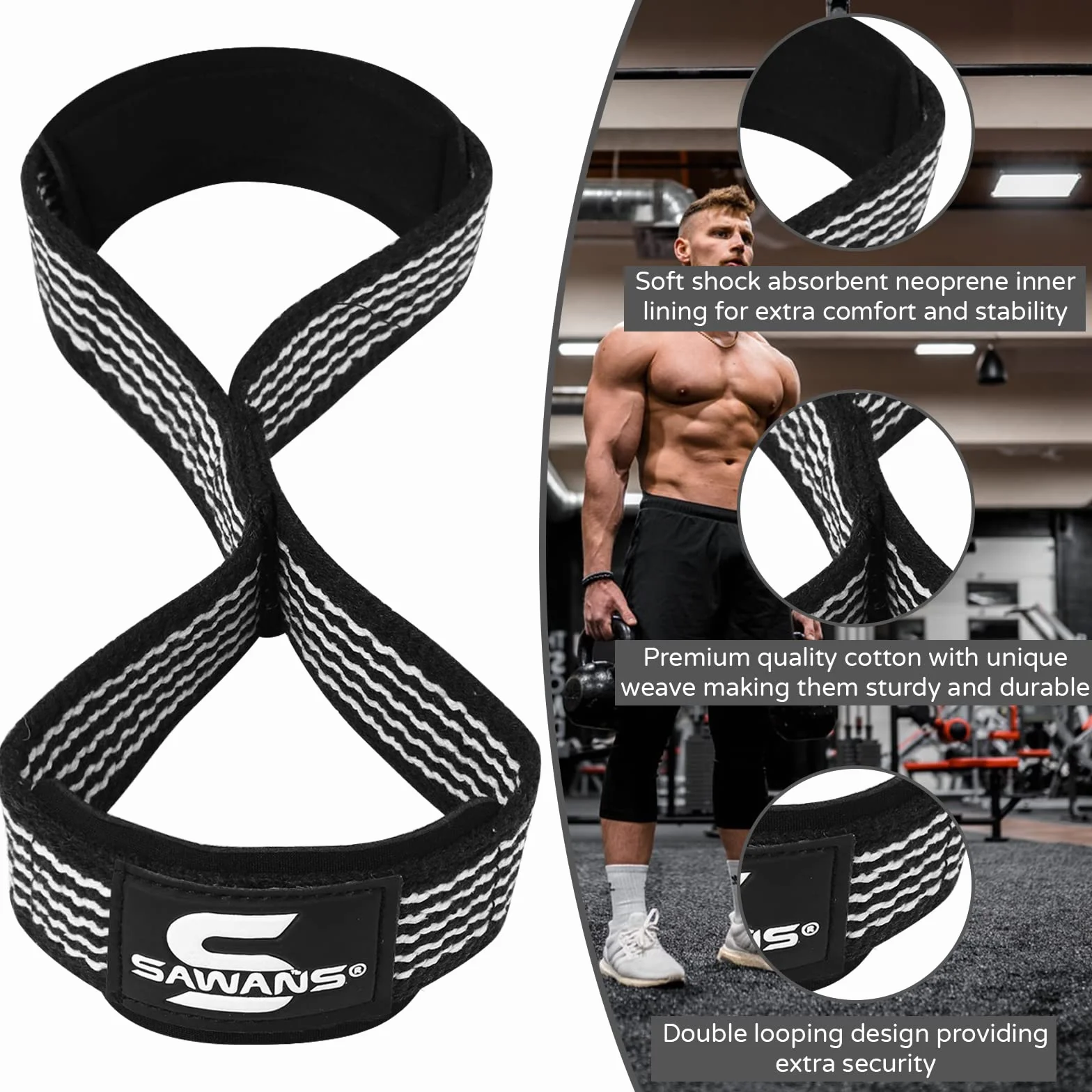 Sangles de levage rembourrées avec poignée en forme de 8 sangles de poignet robustes à double boucle pour entraînement de musculation, barre de main antidérapante pour soulevé de terre, poignets