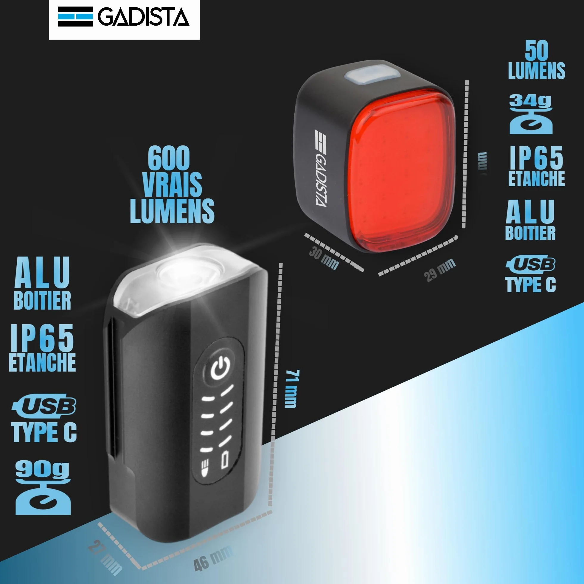 GADISTA France, Set Lumiere Velo Avant et Arriere en Aluminium avec Affichage du Niveau de Batterie d'excellente Fabrication. eclairage Velo puissantes Rechargeable USB, Lampe Velo, Clignotant vélo