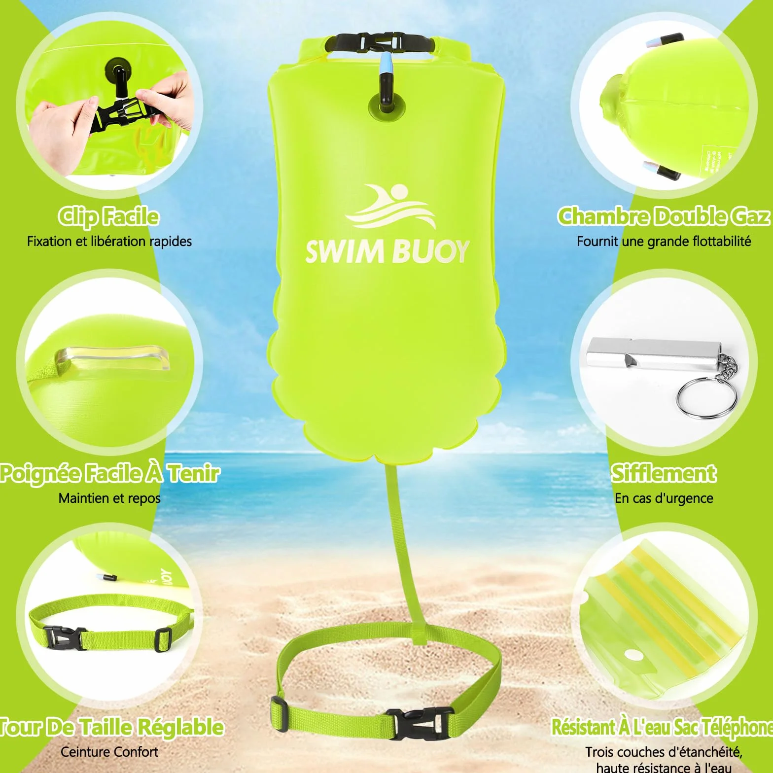 JONRRYIN Bouée de natation 28 l, sac étanche et flottant, gonflable, appareil de sécurité pour la natation en eau libre, idéale pour les triathlons et les surfeurs
