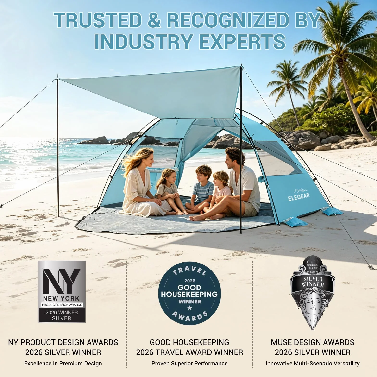 Elegear Tente de Plage Anti UV UPF 50+, Tente de Camping Famille avec Auvent pour 6-7 Personnes Ultralight Portable Abri de Plage avec Sac de Transport pour Extérieure Parc Pêche, 260*165*150CM, Bleu