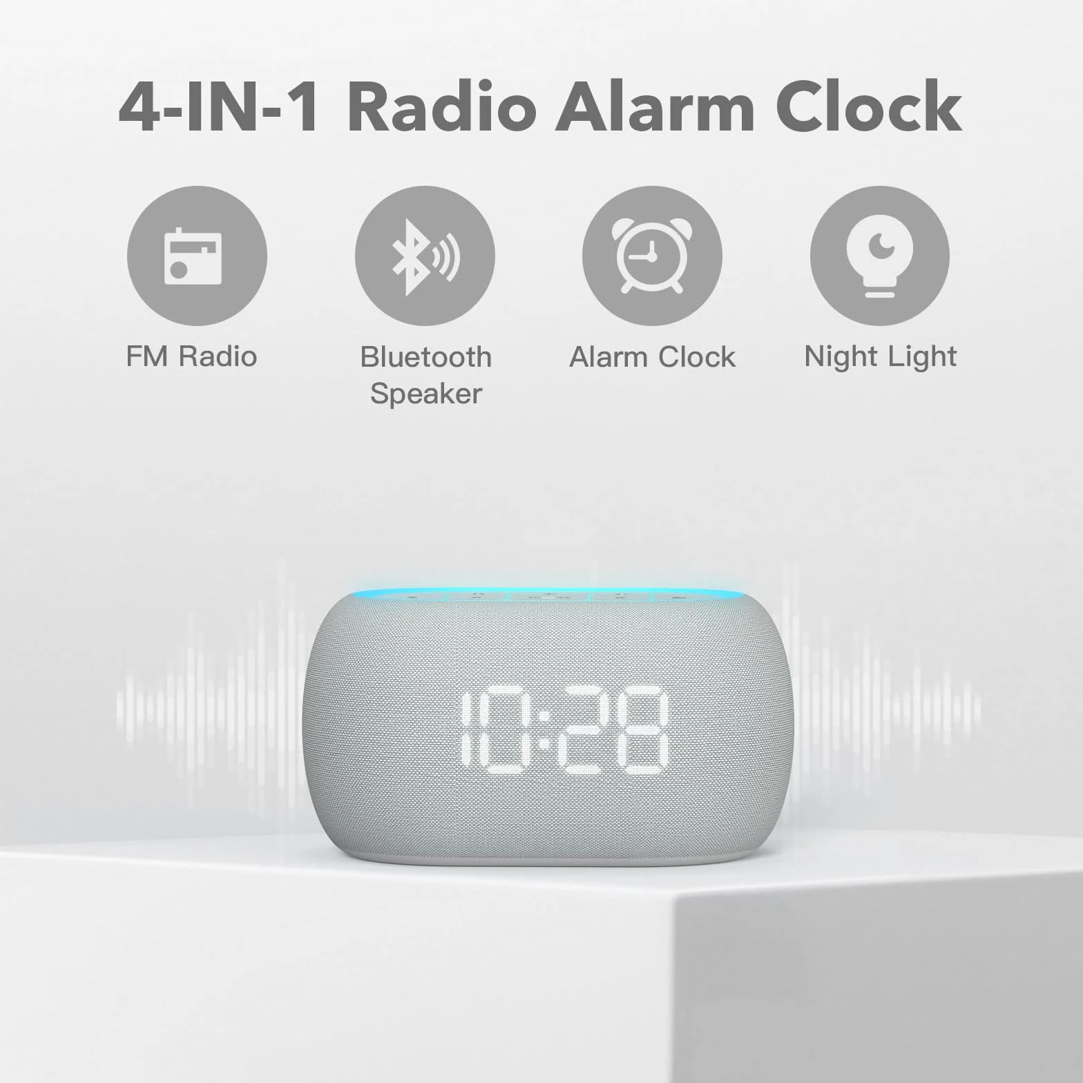 ANJANK Radio Réveil Bluetooth, 2 Haut-Parleurs Hi-Fi 10W, Veilleuse 7 Couleurs, Affichage 0-100%, 8 Sonneries