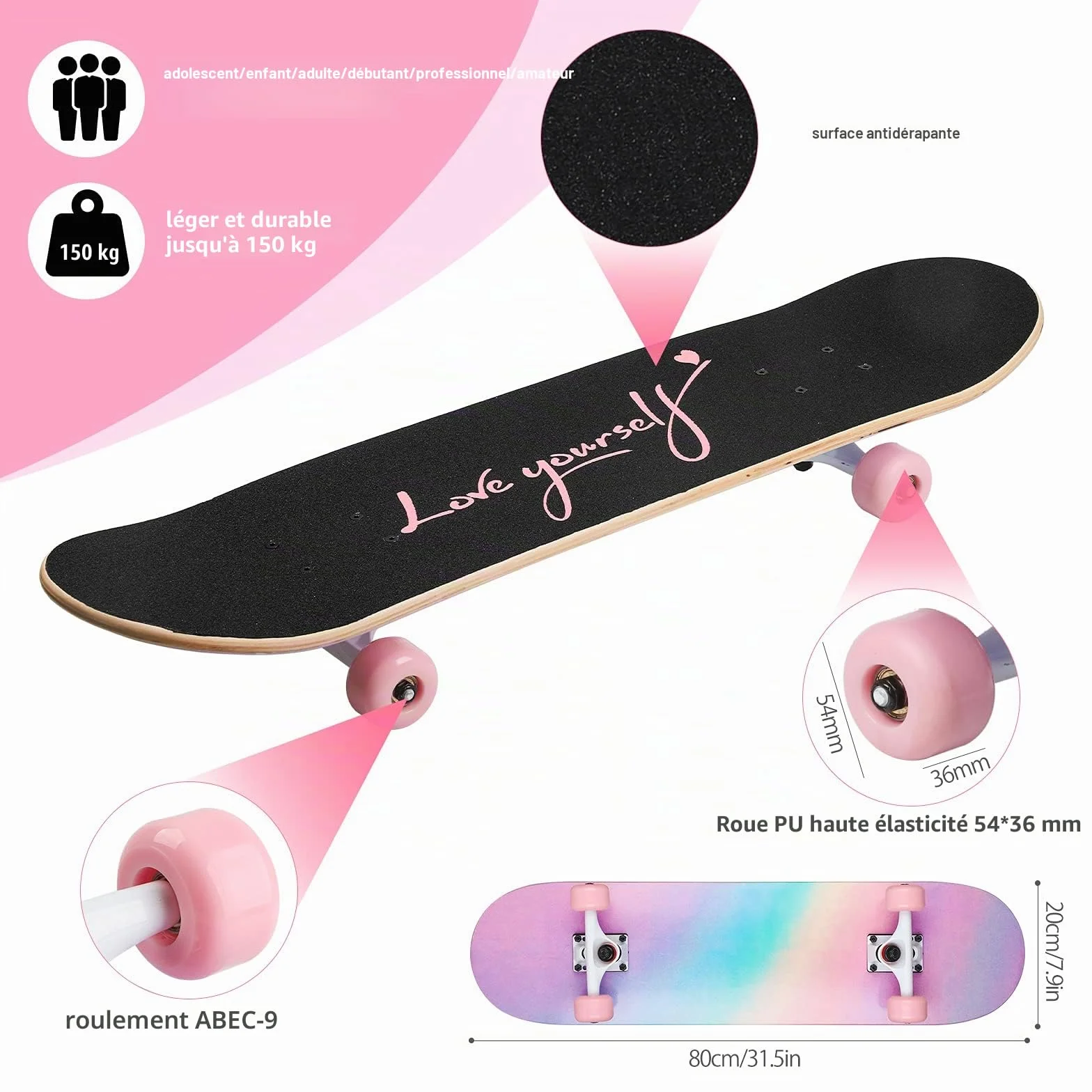Skateboard Ado Fille Enfant Adulte débutants- 7 Couches en Bois d'Erable Plateau 80 x 20cm Apporter Sac Skateboard - Poudre Arc-en-Ciel