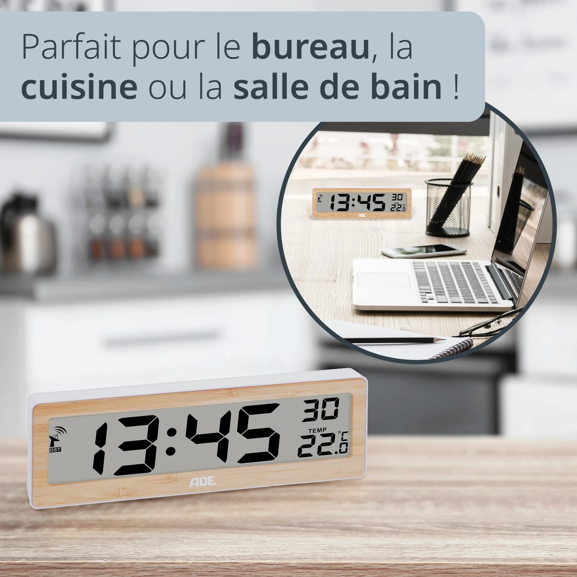 ADE Horloge radiopilotée numérique grands chiffres affichage température cadre bambou véritable