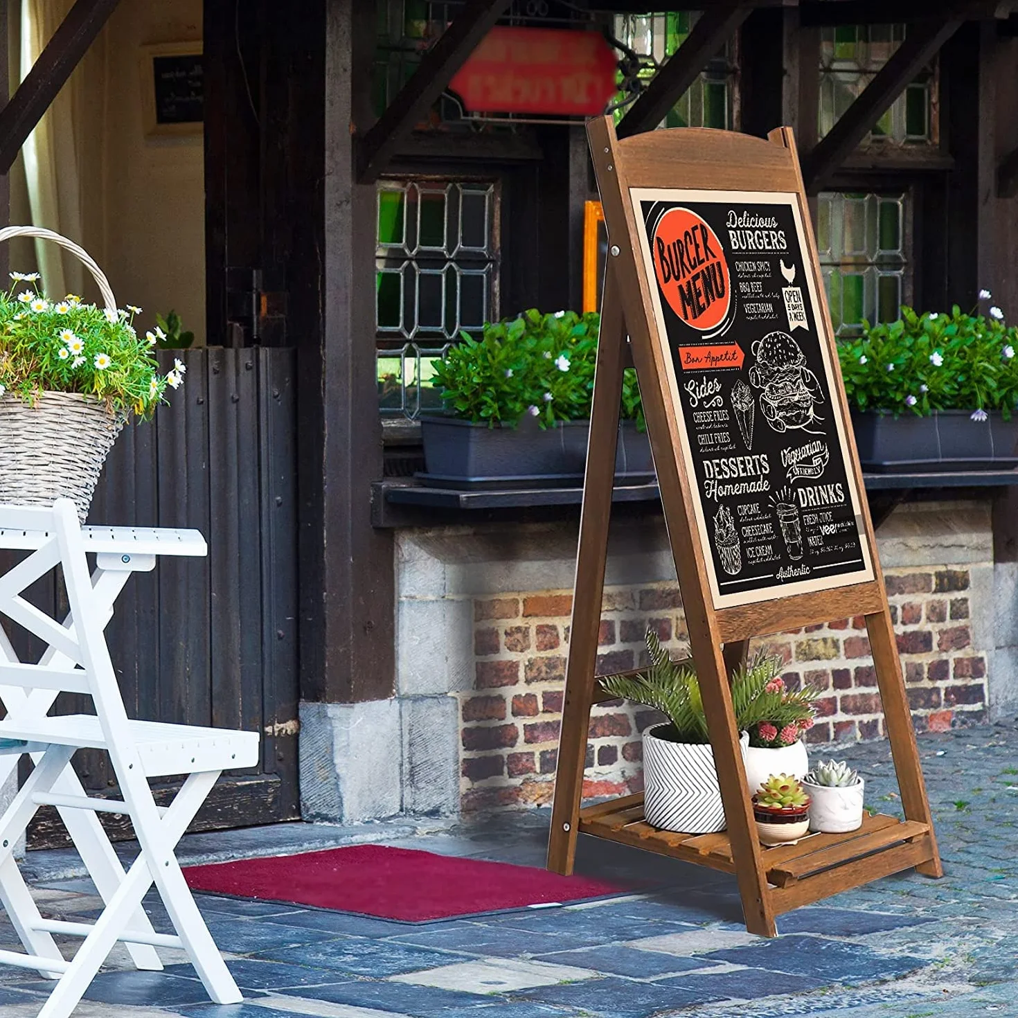 UNHO Panneau Publicitaire sur Pied Tableau Noir Magnétique Bois 110x44cm Vintage pour Restaurant Café Bar
