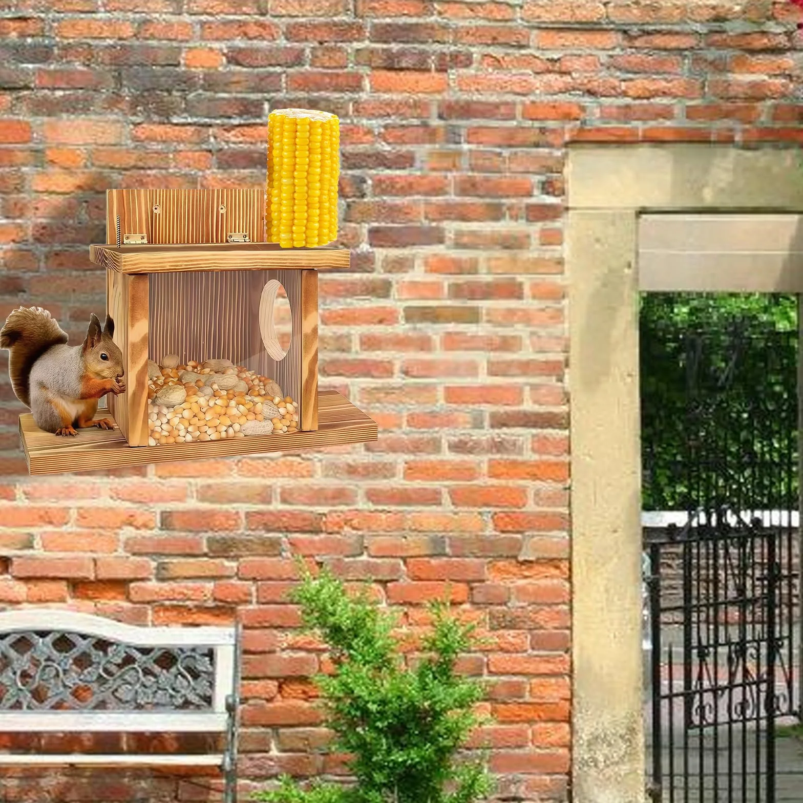 Mangeoire à écureuils GOEDCH Toit métallique résistante aux intempéries Bois vissé Station d'alimentation