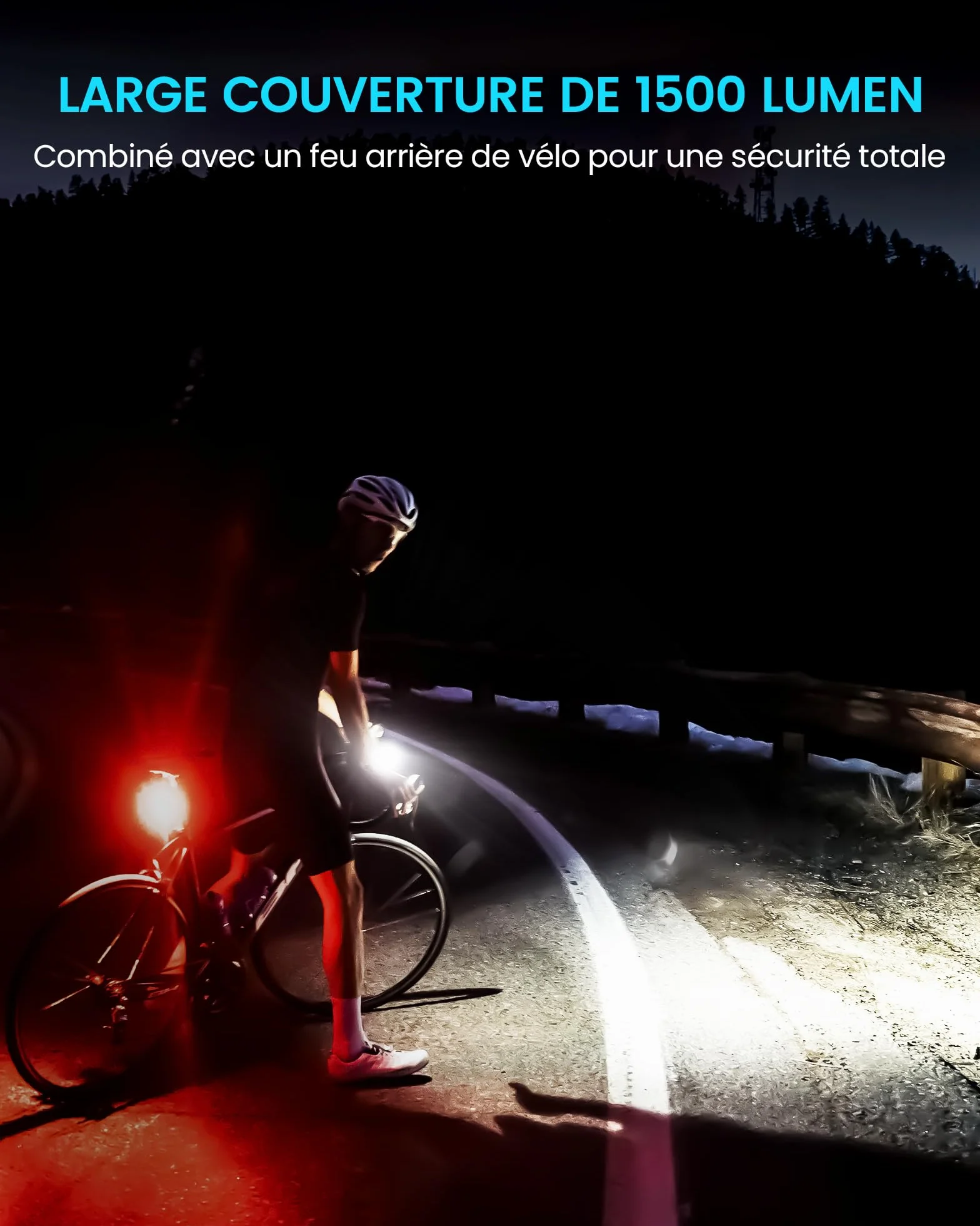 RAVEMEN SR1500 Kit de Feux Avant et Arrière pour Vélo,Combinaisons de Phares Avant et Arrière Intelligents de 1500 Lumens Rechargeable par USB C pour Le Cyclisme sur Route, en Montagne et en Ville