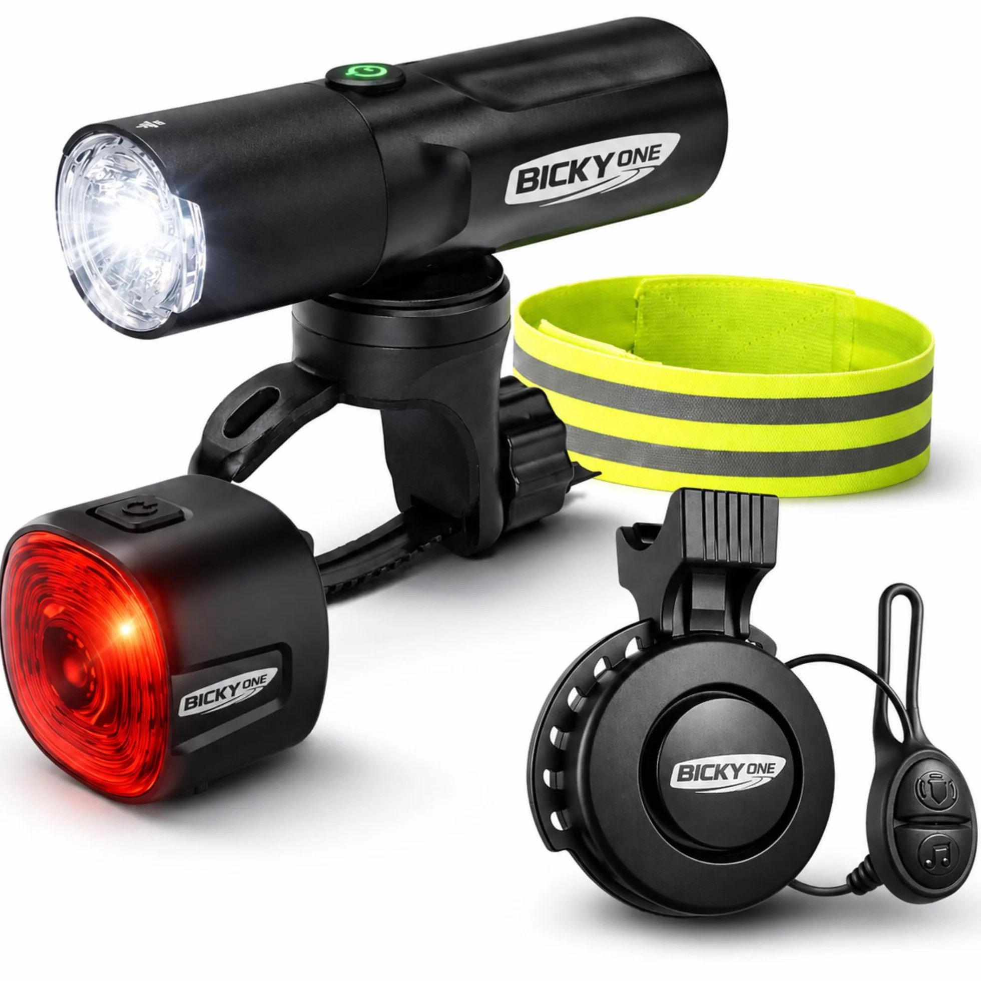 Kit Éclairage Vélo 4 en 1 Lumiere Velo Avant LED 400 Lumens Rechargeable Lampe Velo Arriere Sonnette Velo Electronique 120 DB Bandeau Reflechissant – Etanche IP66