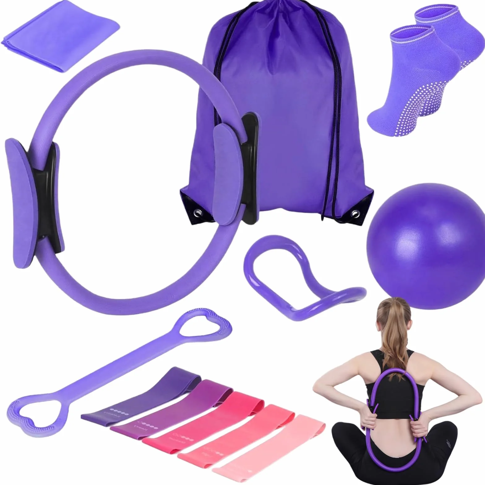 Kit de Pilates Essential de 13 pièces, pour femme, avec balle de pilates, anneau de pilates, bandes de résistance, chaussettes, anneau de Pilates et accessoires pour étirement et fitness