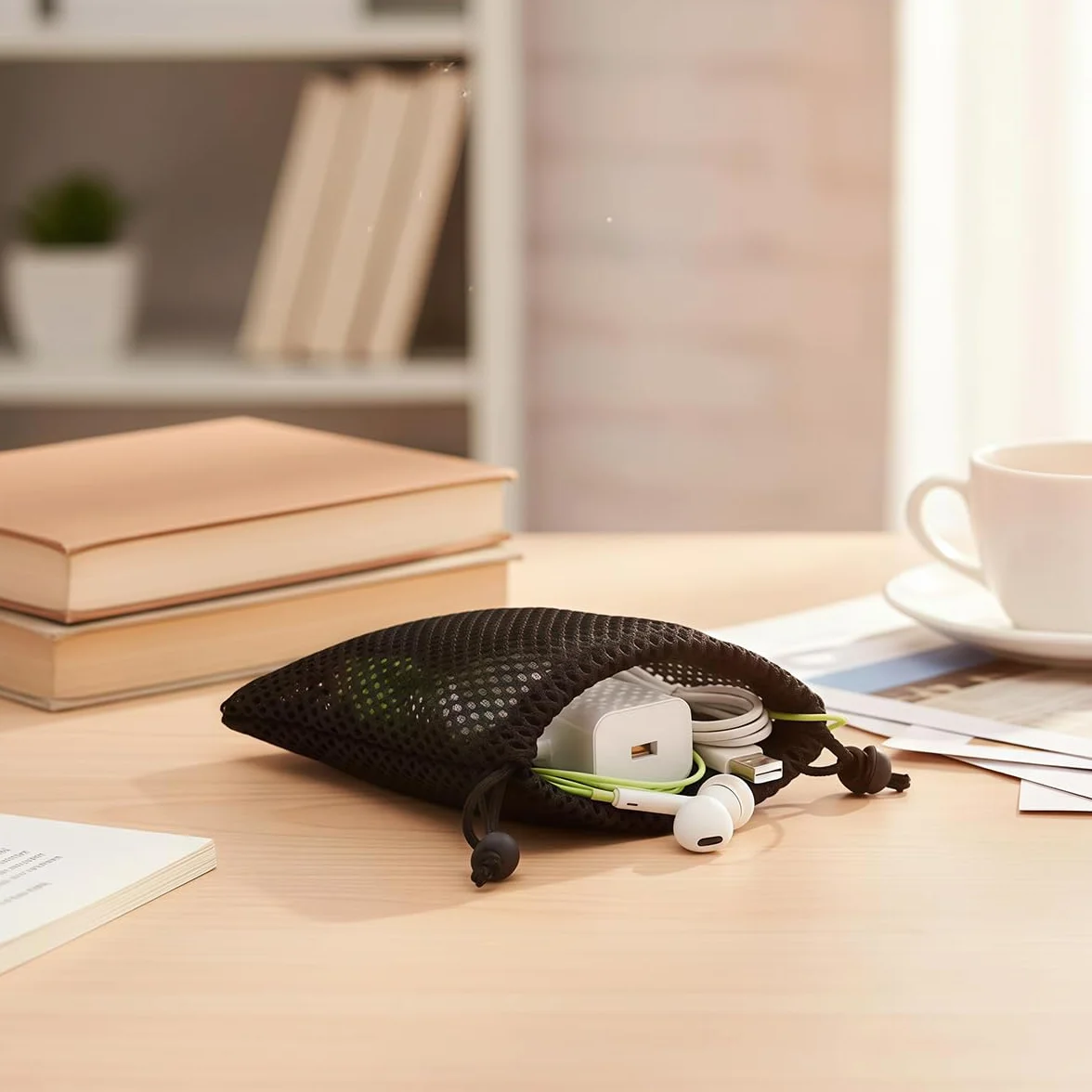Lot de 6 petits sacs de rangement en maille de nylon noir avec cordon de serrage pour mini affaires, téléphone portable, MP3, cosmétiques - 10 x 15 cm