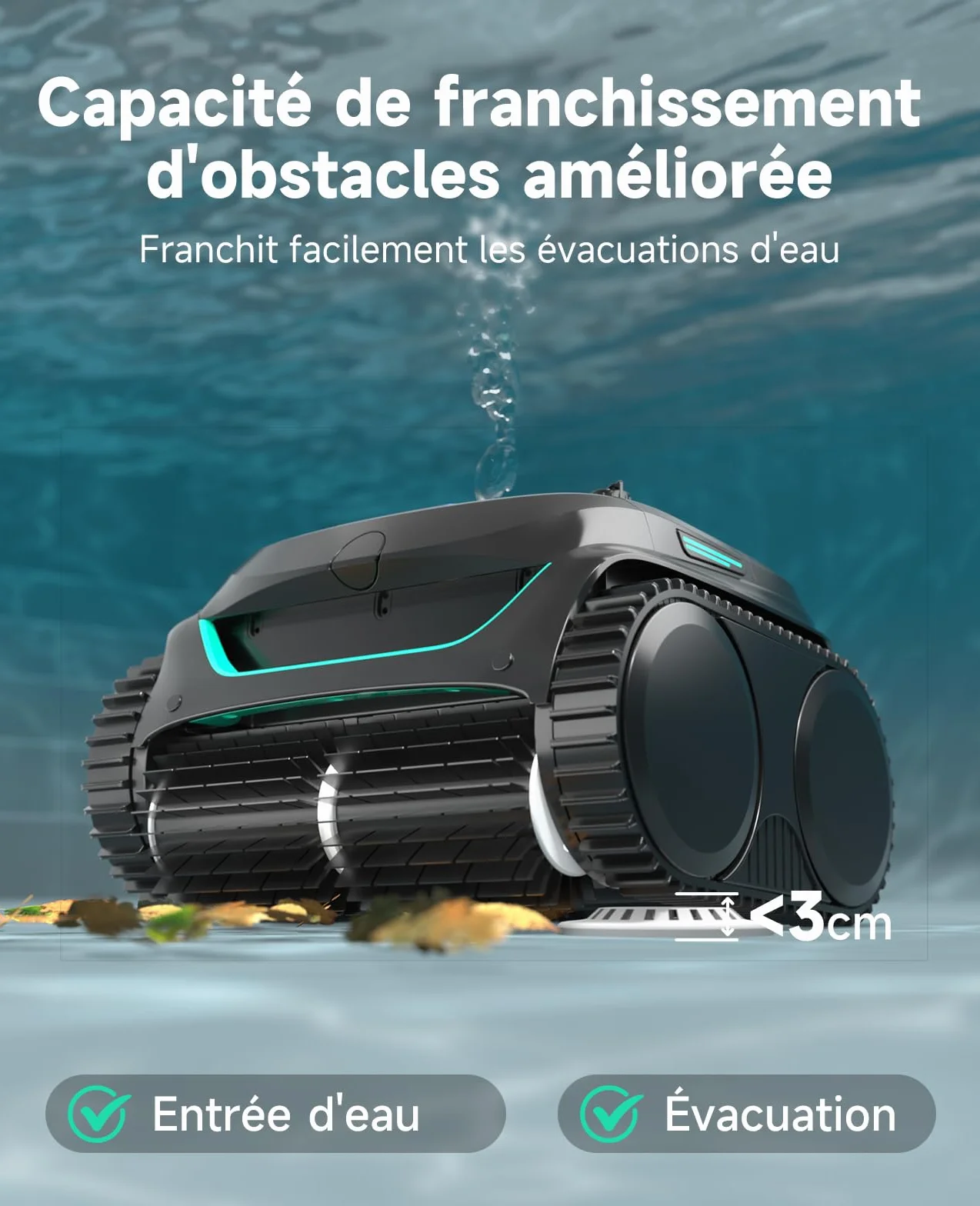 WYBOT C2 Robot Piscine sans Fil, Double Filtration, 3 Moteurs, Aspiration Puissante, 180 Min, pour Piscines Enterrées 150㎡