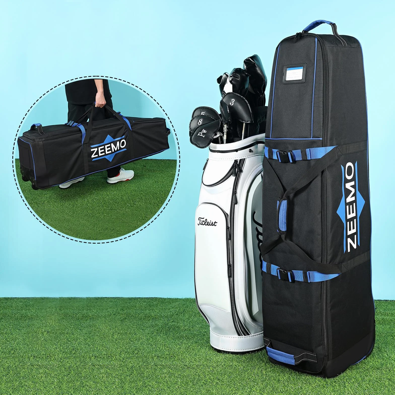 ZEEMO Golf Travel Bag, Full-Open Protective&Wheeled Airline-Approved Case for Clubs, Cart&StandBag, Soft-Sided Waterproof Cover Made of Heavy Duty Oxford