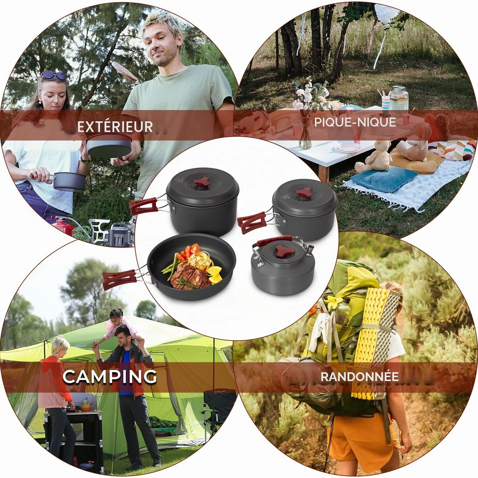 Bulin Set de Cuisine Camping, ustensiles de Camping, casseroles en Aluminium, kit léger avec Couverts Pliables et Bouilloire, pour 1-2-4-6 Personnes, idéal Camping, Outdoor, Pique-Nique