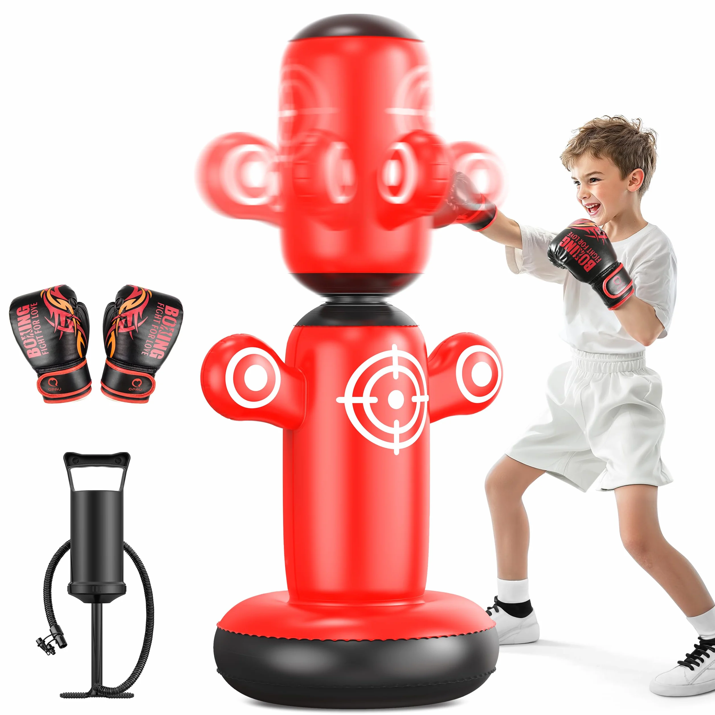 QPAU Rotatif à 360° Punching Ball pour Enfants, 162,6 cm Gonflable Sac de Frappe pour Enfant 6-14, Sac de Boxe Set pour Pratique du Karaté, Taekwondo