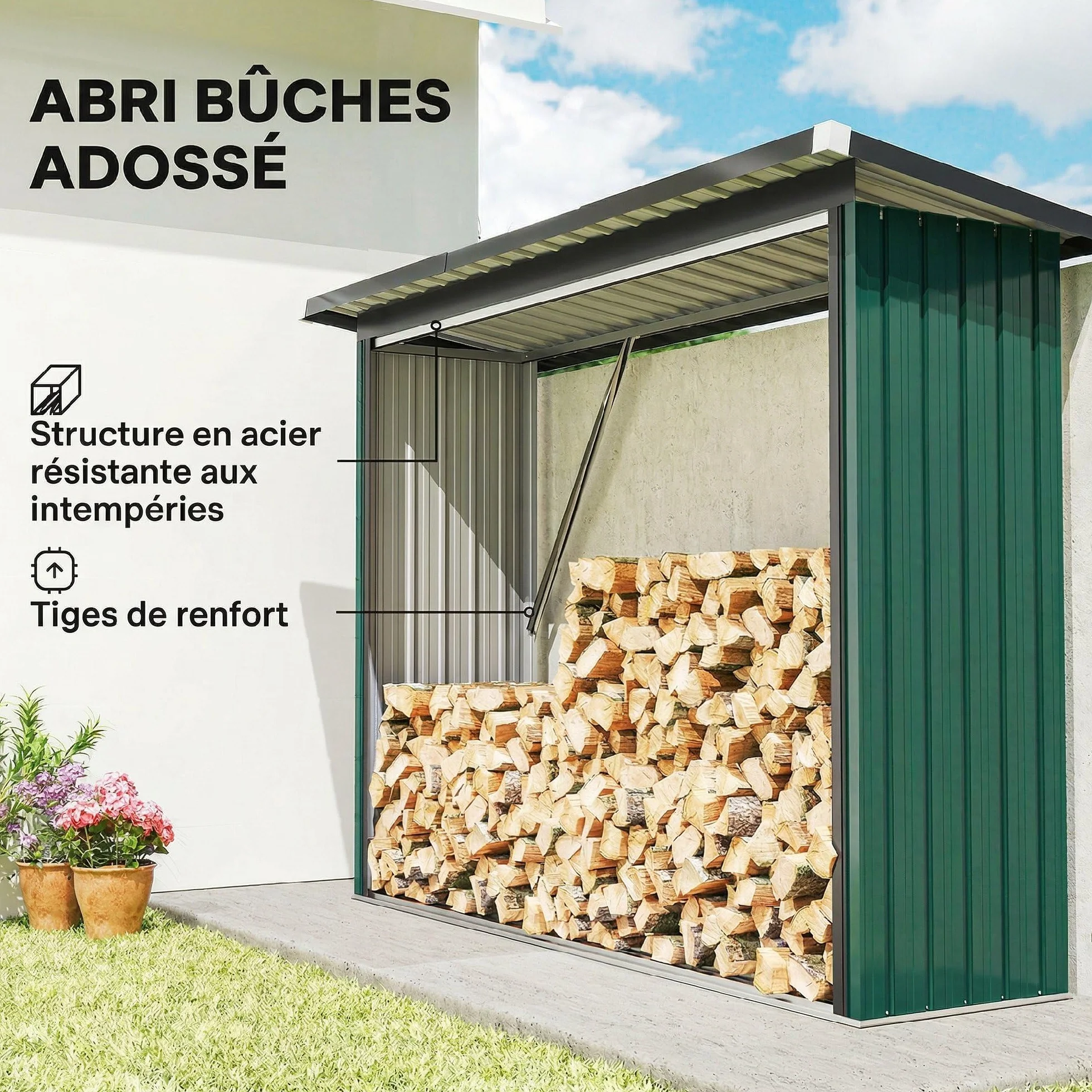 Outsunny Abri-bûches Acier Galvanisé Support Bois de Chauffage 213x66,5x150cm Vert