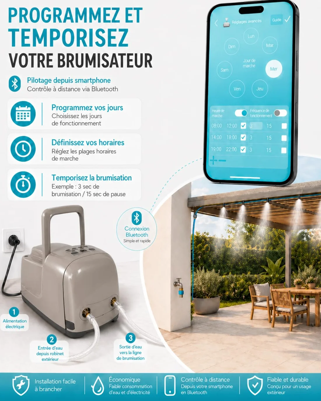O'FRESH Brumisateur Terrasse Extérieur Haute Pression 50 Buses Inox - Système Brumisation Pompe 60 Bars 130 m²