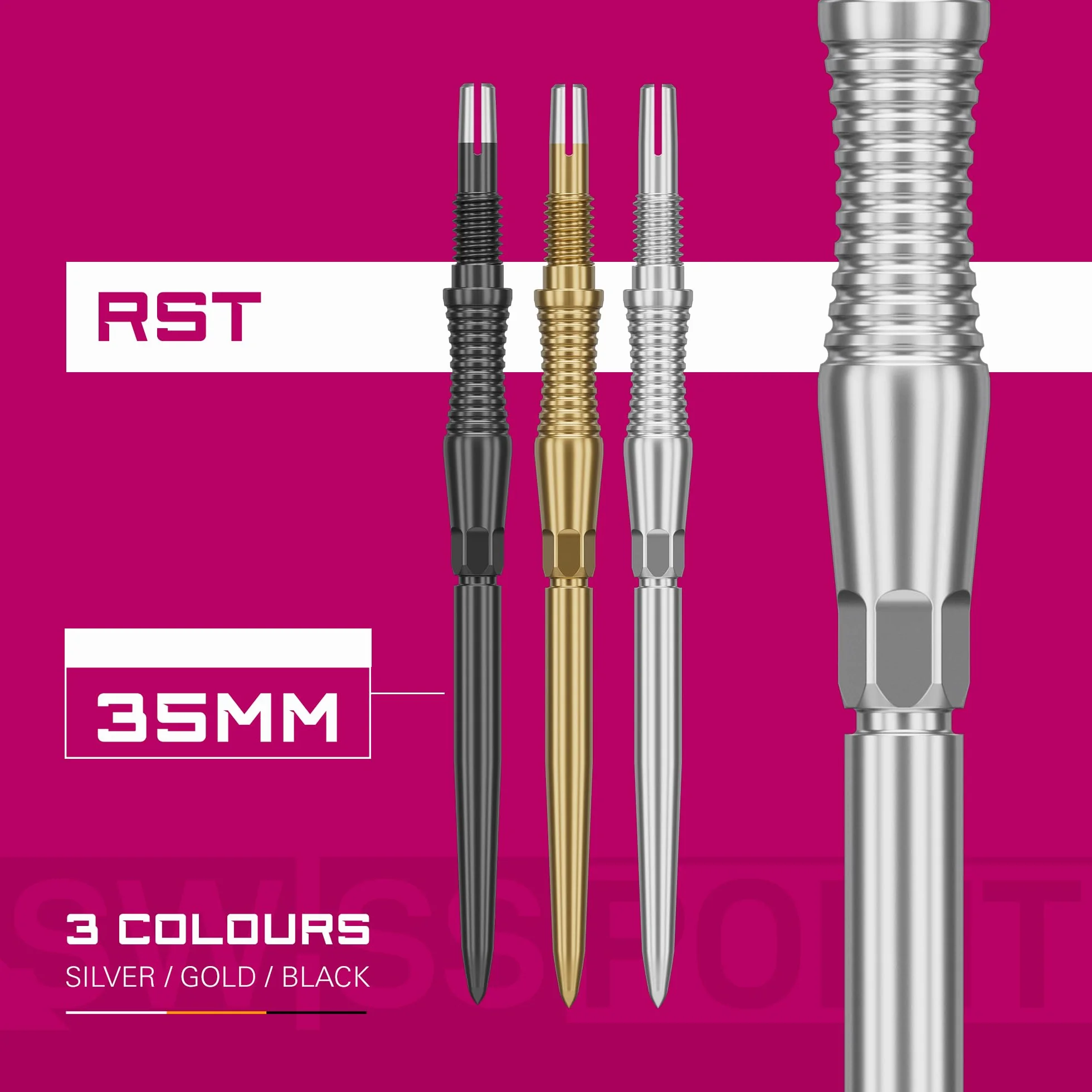 Target Darts Swiss Point Storm Pointes de Fléchettes, RST (Lot de 3 Embouts) 30MM/35MM/42MM – Or/Argent/Noir | Changez Les Pointes de Fléchettes, Les Pointes Swiss Storm, Accessoires Professionnels