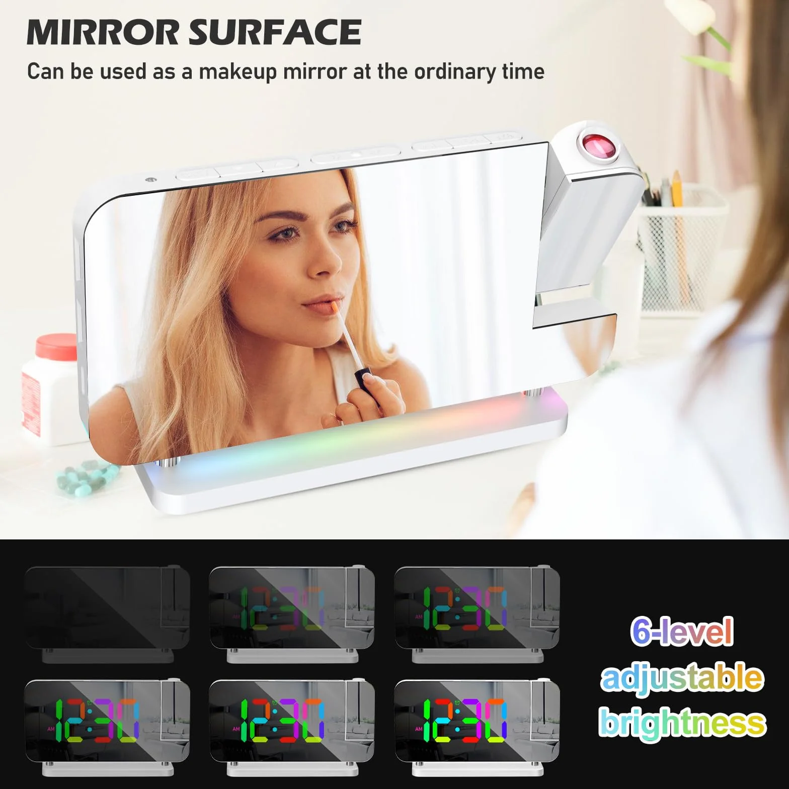 PORFOYO Réveil avec projection LED RVB, horloge miroir, veilleuse 10 couleurs, projecteur 180°, USB-C