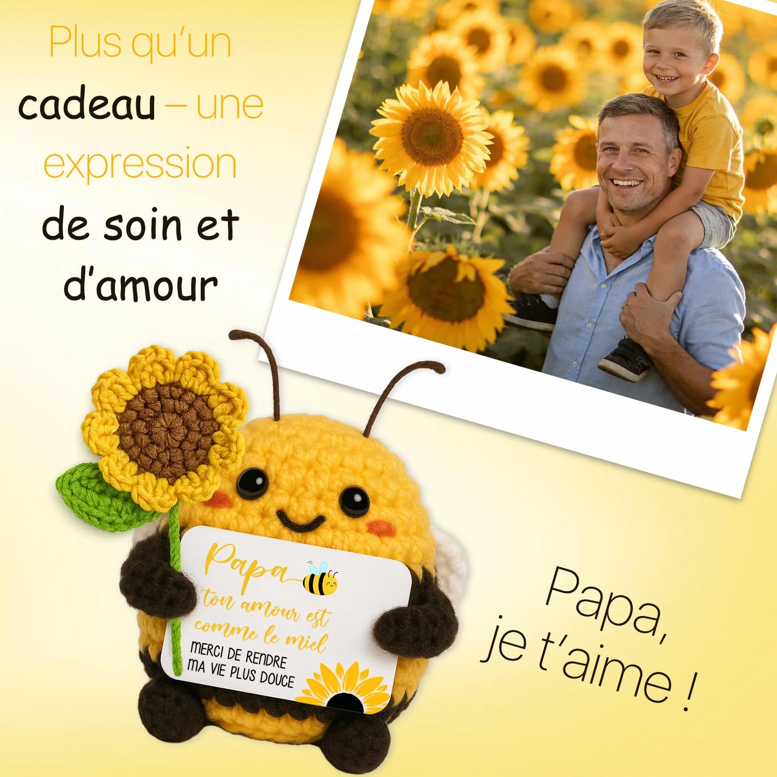 Cadeau Fête des Pères Abeille Heureuse Tournesols Fait Main au Crochet Décoration Maison