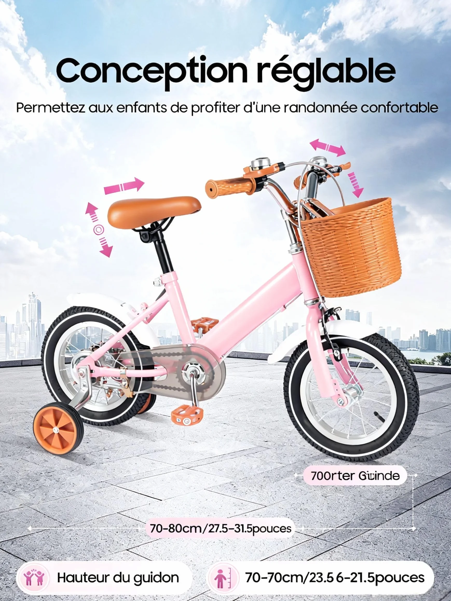 Vélo pour fille, 12" avec panier et stabilisateurs, vélo d'apprentissage avec équilibre et pédales pour 2-5 ans, rose
