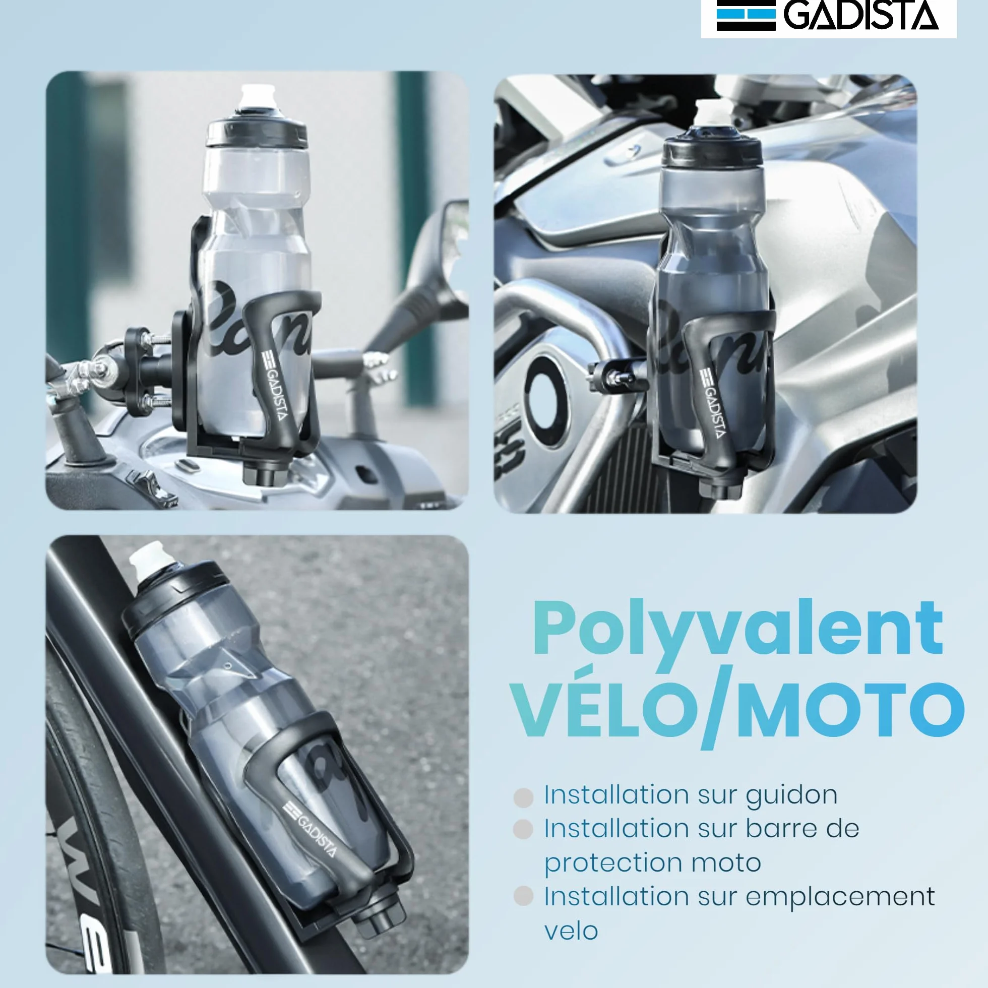 GADISTA France, Porte bidon Velo/Moto/Trott, Porte Gourde VTT, pour Bouteilles de 48-80 mm, Barre Horizontale ou Verticale, Maintien Ferme et Sécuritaire, Patins Antidérapants, Installation Facile