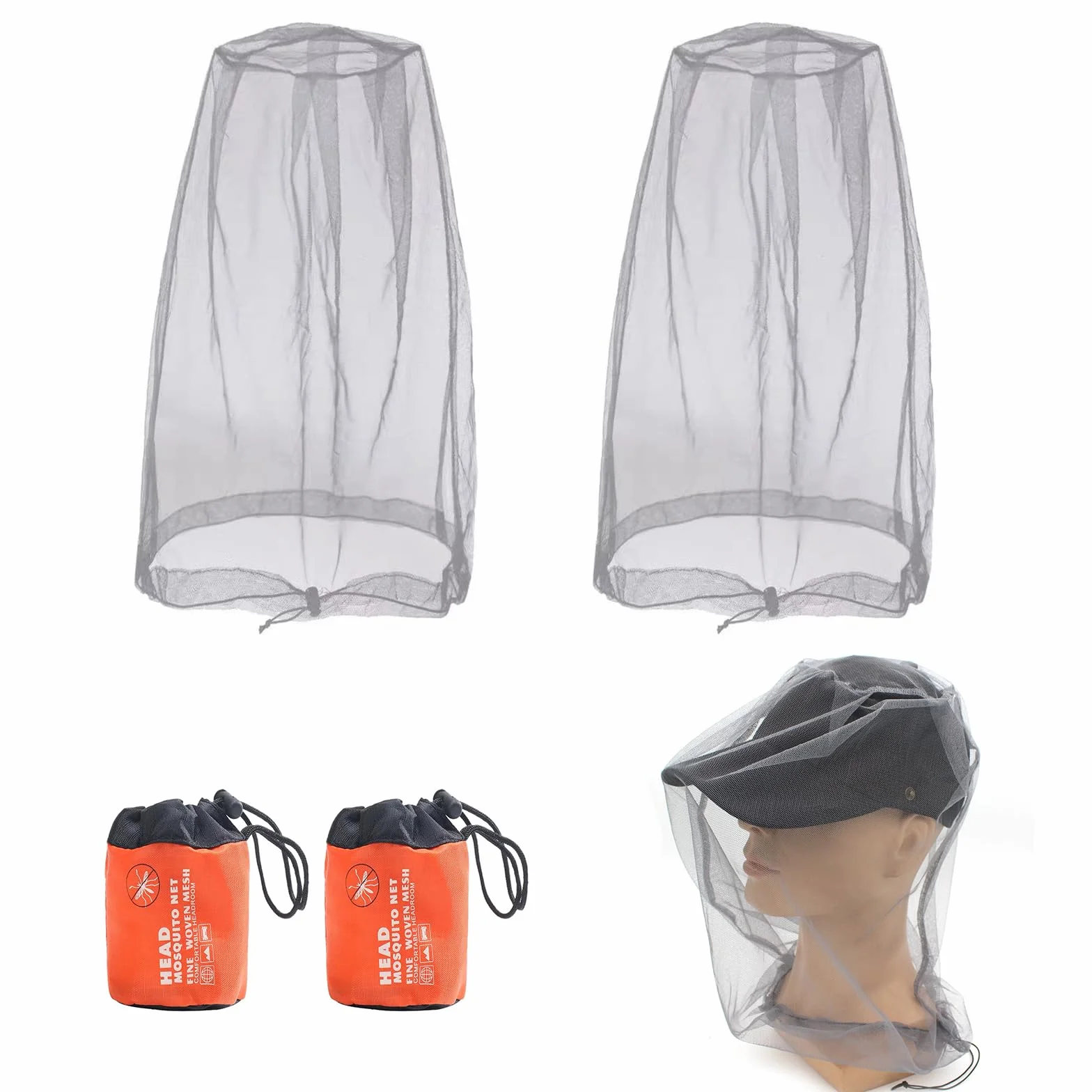 2 Pièces Filet de Tête de Moustique Moustique Protection de Tête Filet avec Sac de Transport Anti-Moustique Chapeau Masque pour Camping Jungle Randonnée l'escalade Équipement
