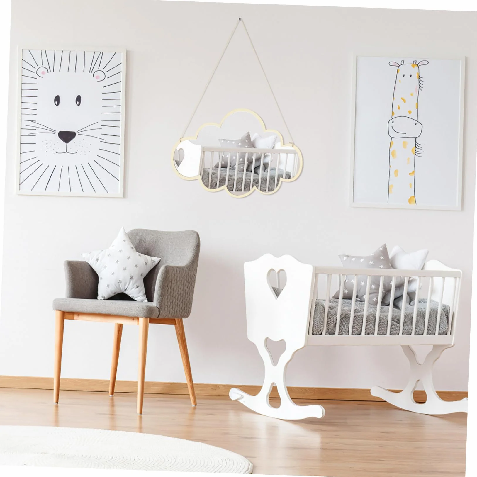 Miroir Décoratif en Bois Naturel Nuage, Miroir Autocollant sans Perçage, Film Protecteur pour Chambre Enfant