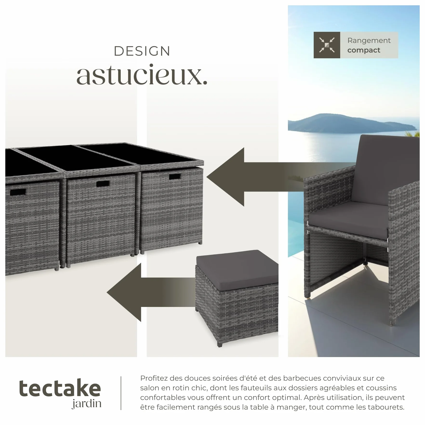 Tectake Salon de Jardin Résine Tressée Poly Rotin Table 10 Personnes Fauteuil Aluminium Encastrable Gris avec Housses