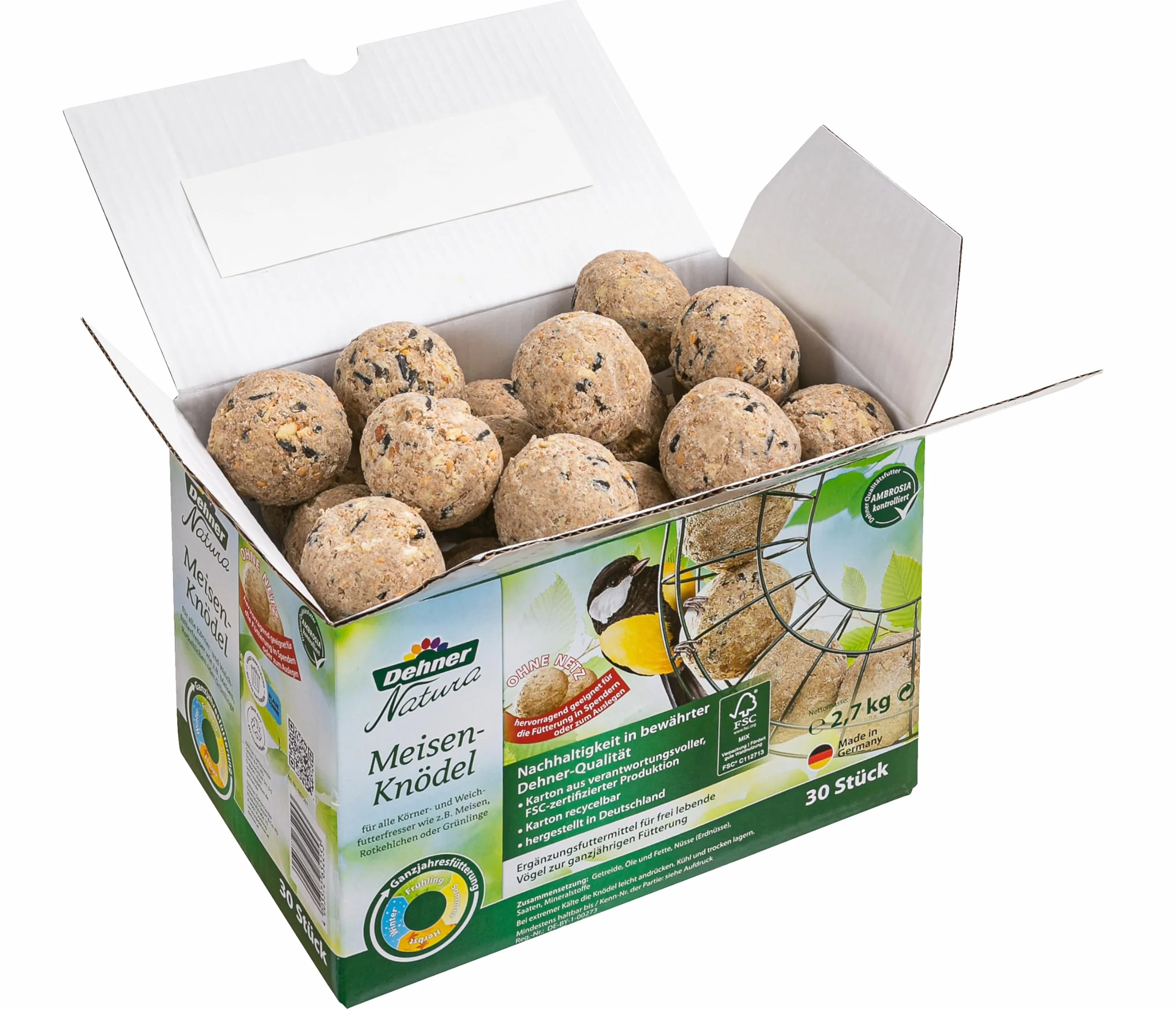 Dehner Natura Premium Nourriture pour Oiseaux Sauvages, Boules de Graisse sans Filet 30 pièces 2,7 kg