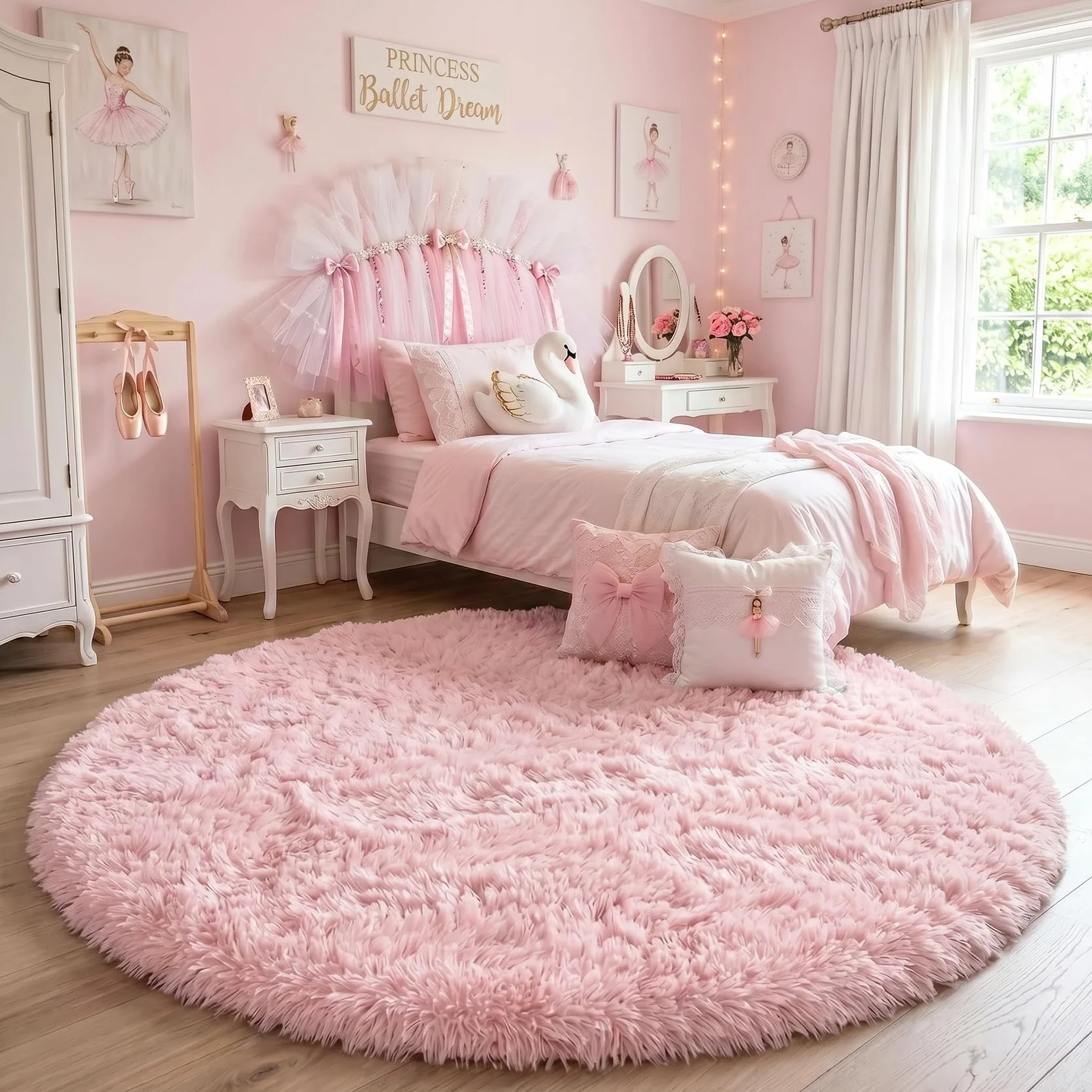 Tapis rond à poils longs pour chambre de fille, pelucheux, salon, crèche, bébé