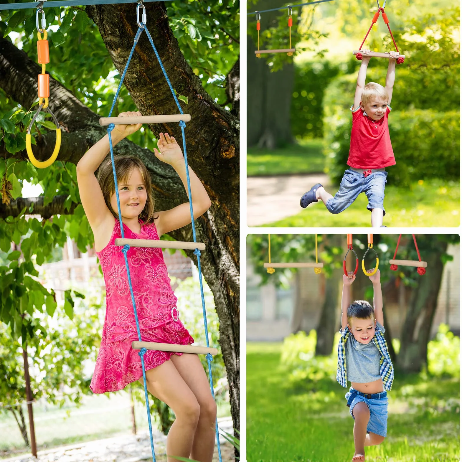 Hapfan Parcours Ninja Enfant Exterieur,15m×2 Slackline avec 8 Obstacles à Suspendre Mixte,Slackline kit Parcours d'obstacles à Suspendre en Plein air,Filet et échelle,Monkey Bar Kit pour Enfants