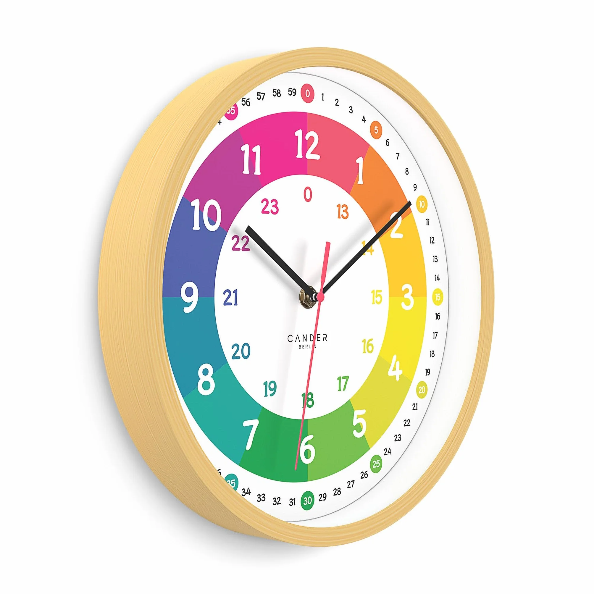 Cander Berlin MNU 2425 R Horloge murale silencieuse enfant bois apprentissage analogique sans tic-tac Multicolore 25 cm