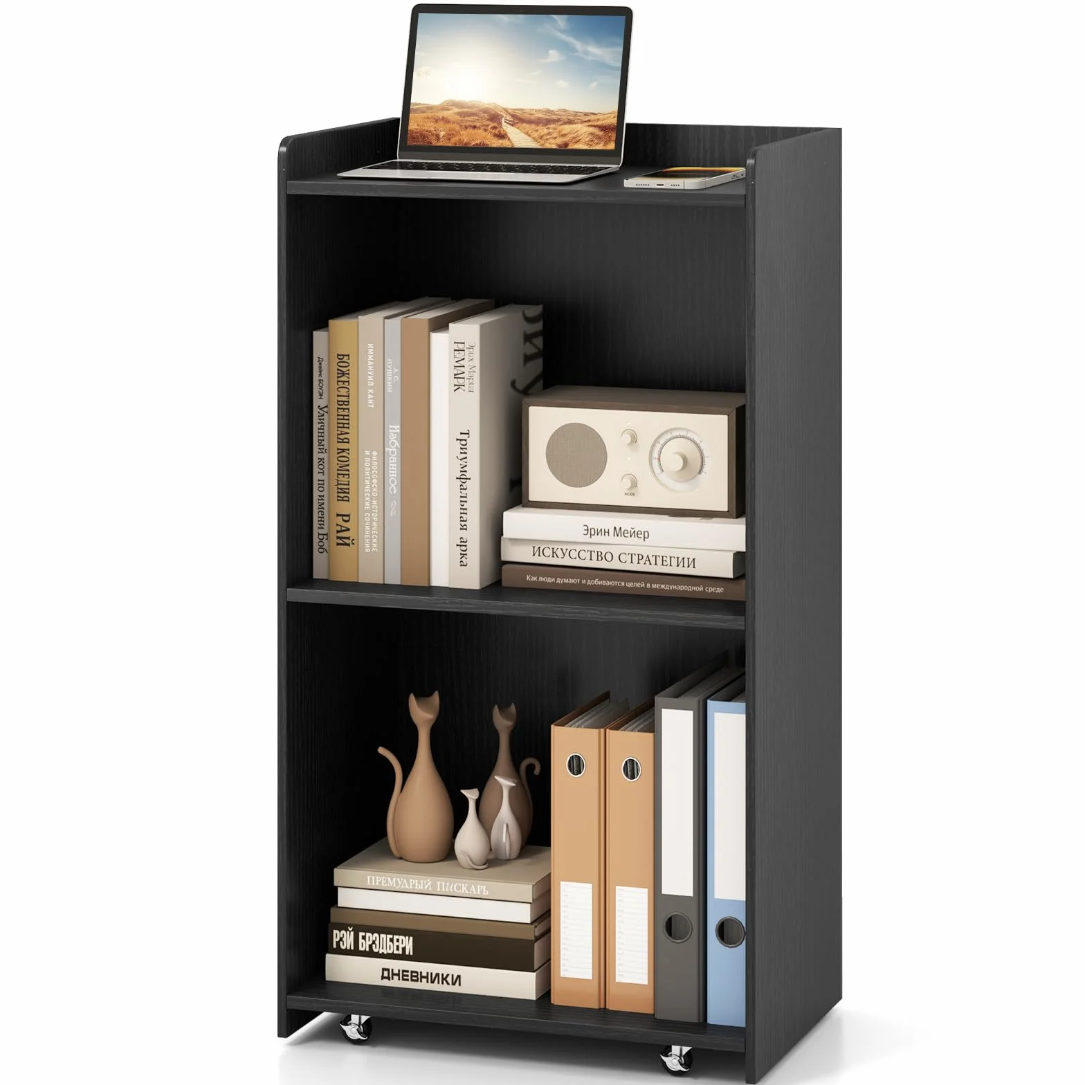 LIFEZEAL Pupitre Mobile avec Roulettes en Bois Noir 57,5 x 37 x 105 cm avec Étagères pour Ordinateur Portable et Documents