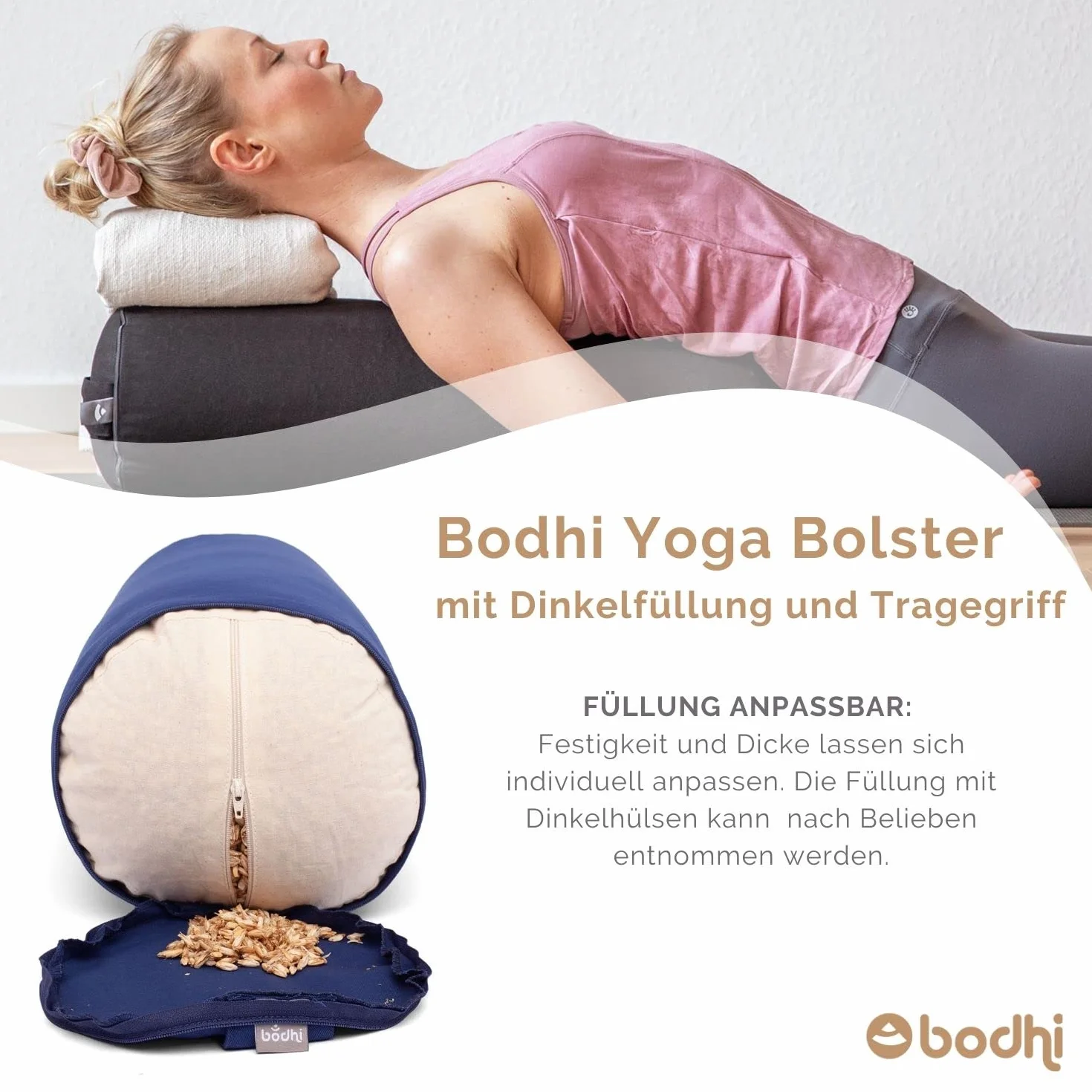 Coussin bolster de yoga BASIC env. 65 x 23 cm, coton robuste, housse amovible, lavable à 30°C, passant pour le transport, remplissage et couleur au choix
