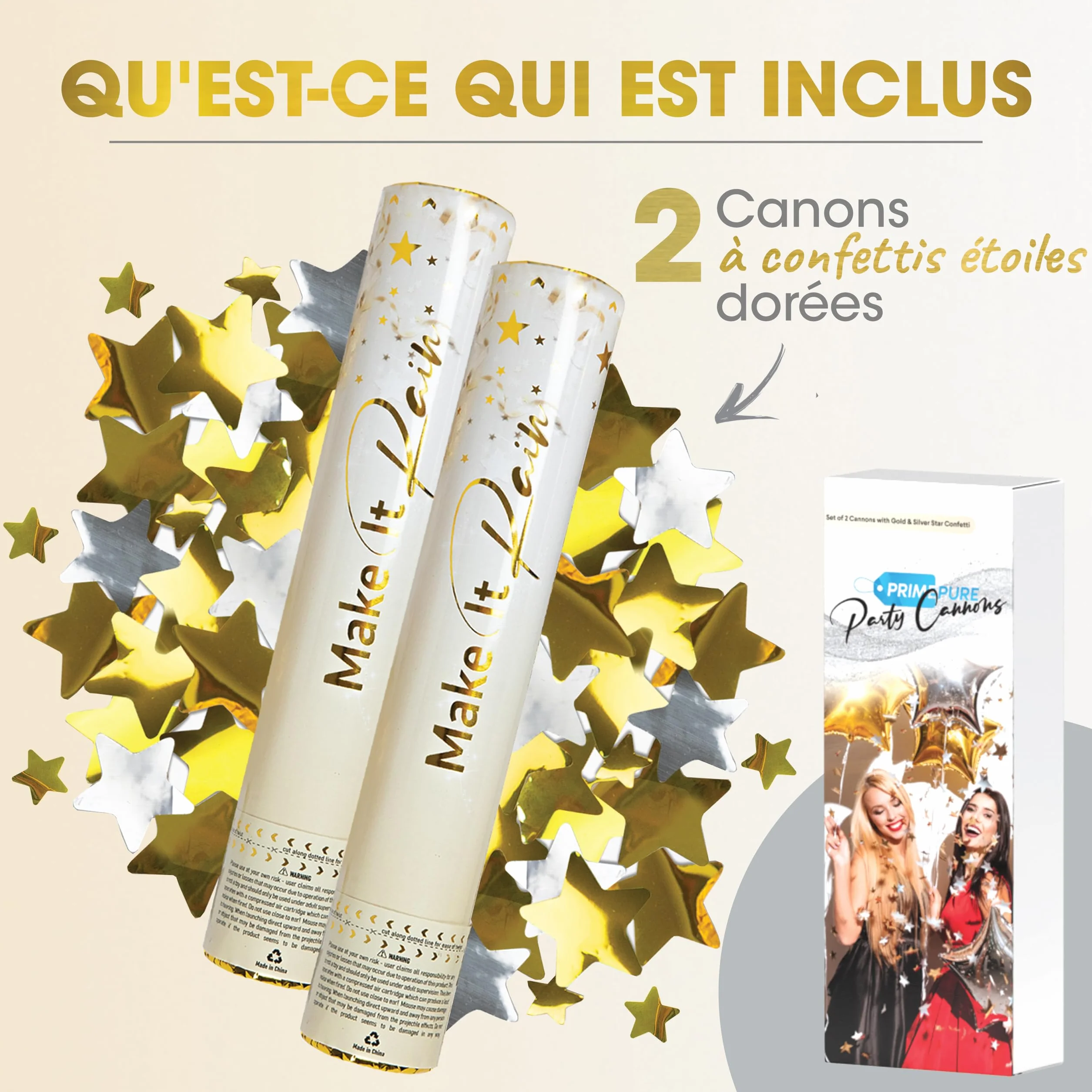 PrimePure Canon Confettis Étoiles Dorées Lot de 2 Party Poppers Métallique Confetti Dorés