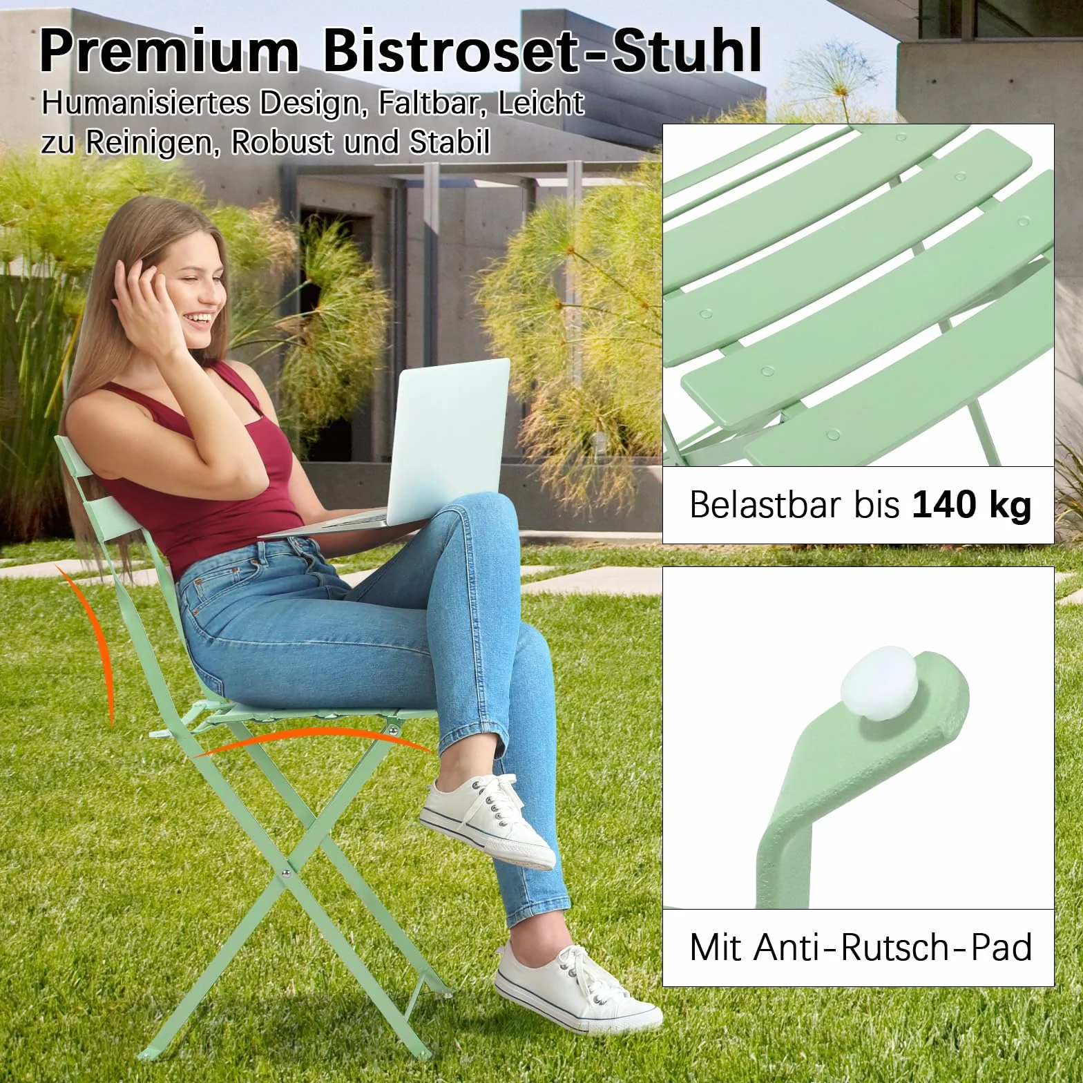 LIFERUN Salon de Jardin Bistrot Pliable, Set de Bistrot en Métal, Table et 2 Chaises Pliantes, 3 Pièces, Vert