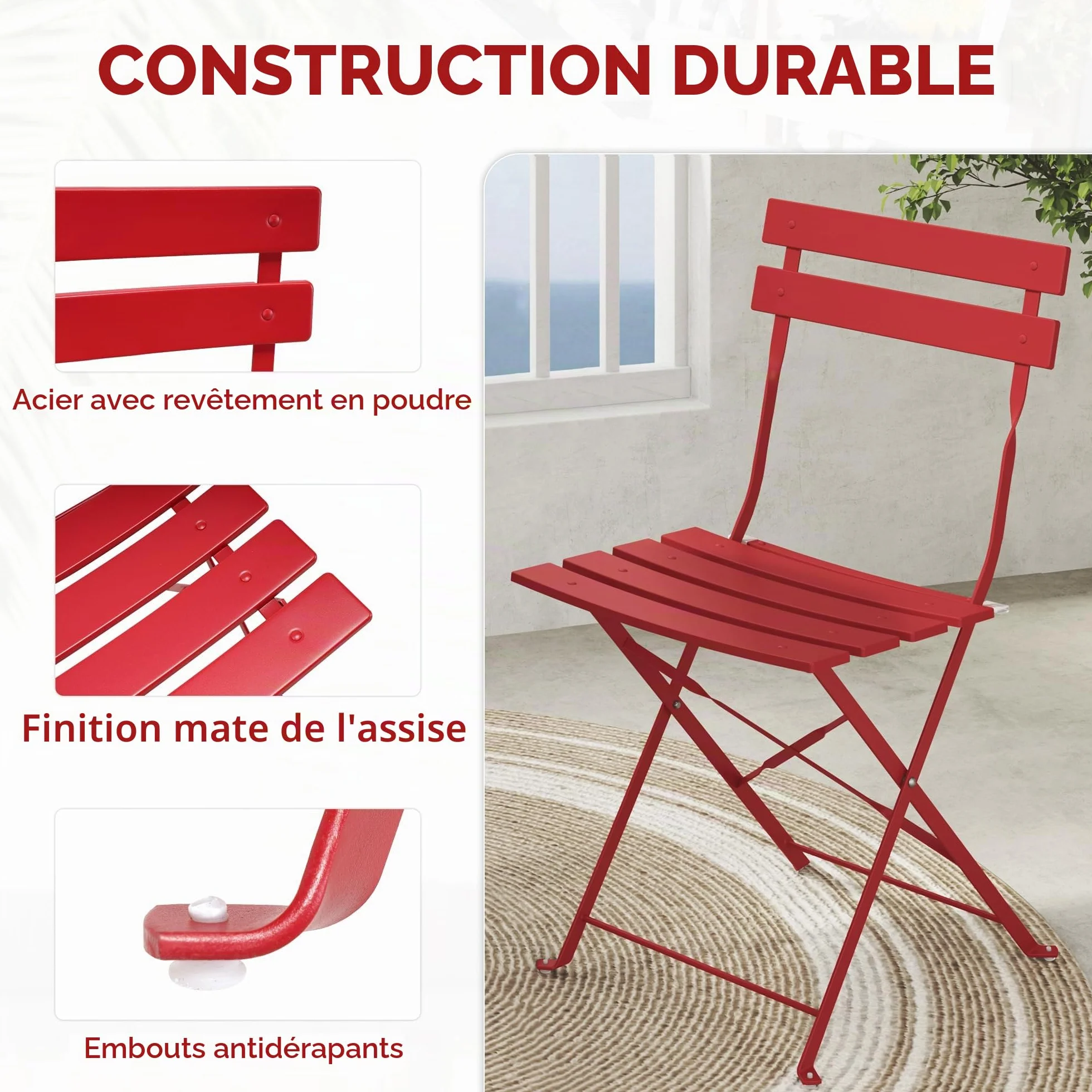 Salon de Jardin Ensemble Table et Chaises Pliables Acier thermolaqué Rouge