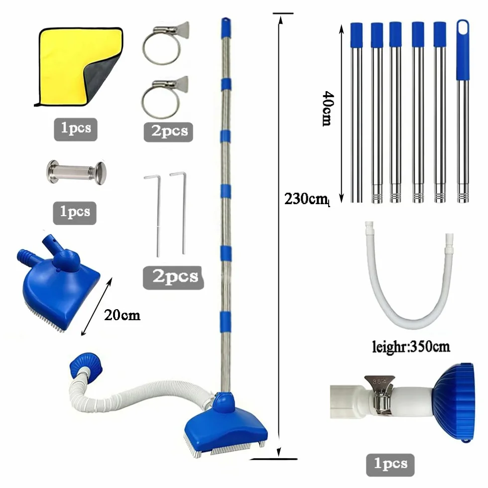 Aspirateur de Piscine avec Tuyau Rétractable 350 cm, Tige Télescopique 230 cm, pour Piscine, Jacuzzi, Spa