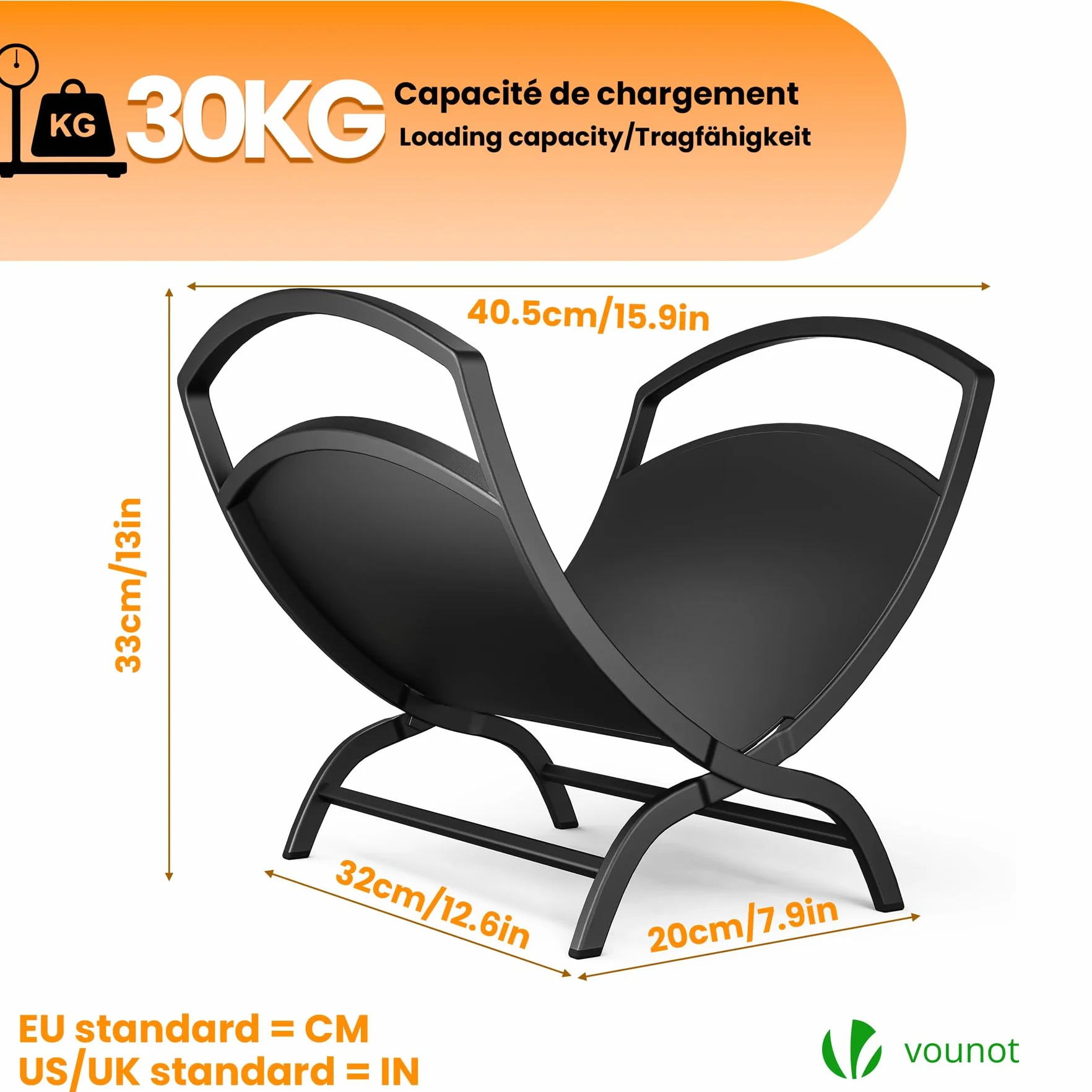 Vounot Range Bûche en Métal 40.5x32x33cm Noir Porte Bûche pour Cheminée Intérieur Extérieur