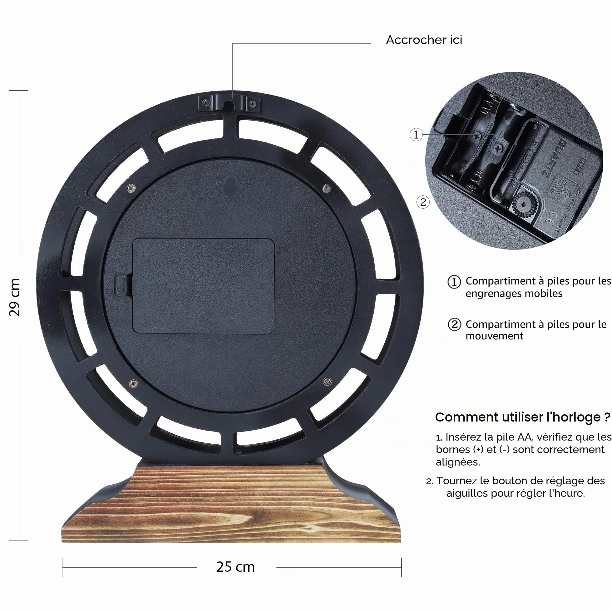 Lafocuse Pendule de Bureau Engrenages Mobiles Bois Industrielle Vintage Steampunk Noire 29cm Horloge Murale Rétro
