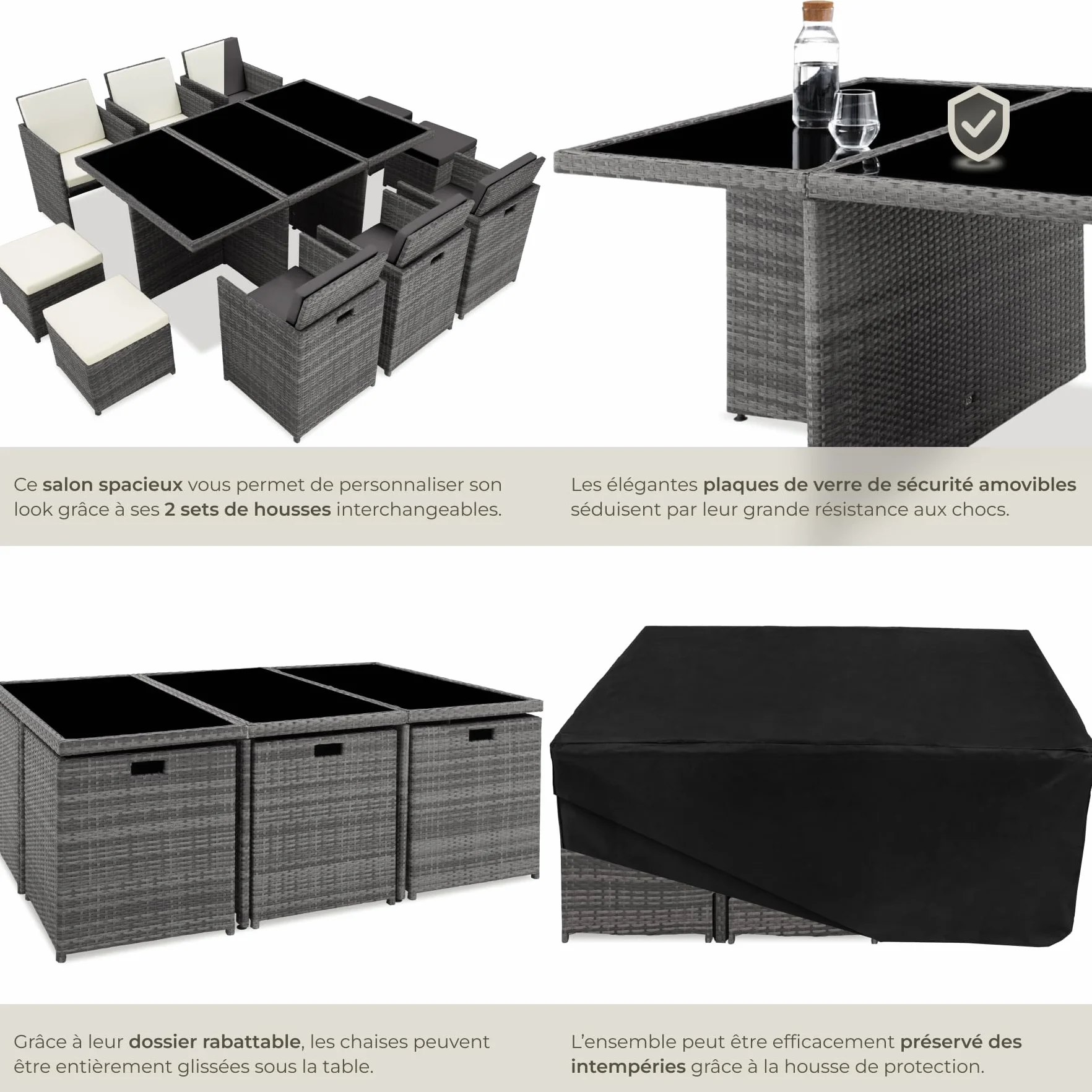 Tectake Salon de Jardin Résine Tressée Poly Rotin Table 10 Personnes Fauteuil Aluminium Encastrable Gris avec Housses