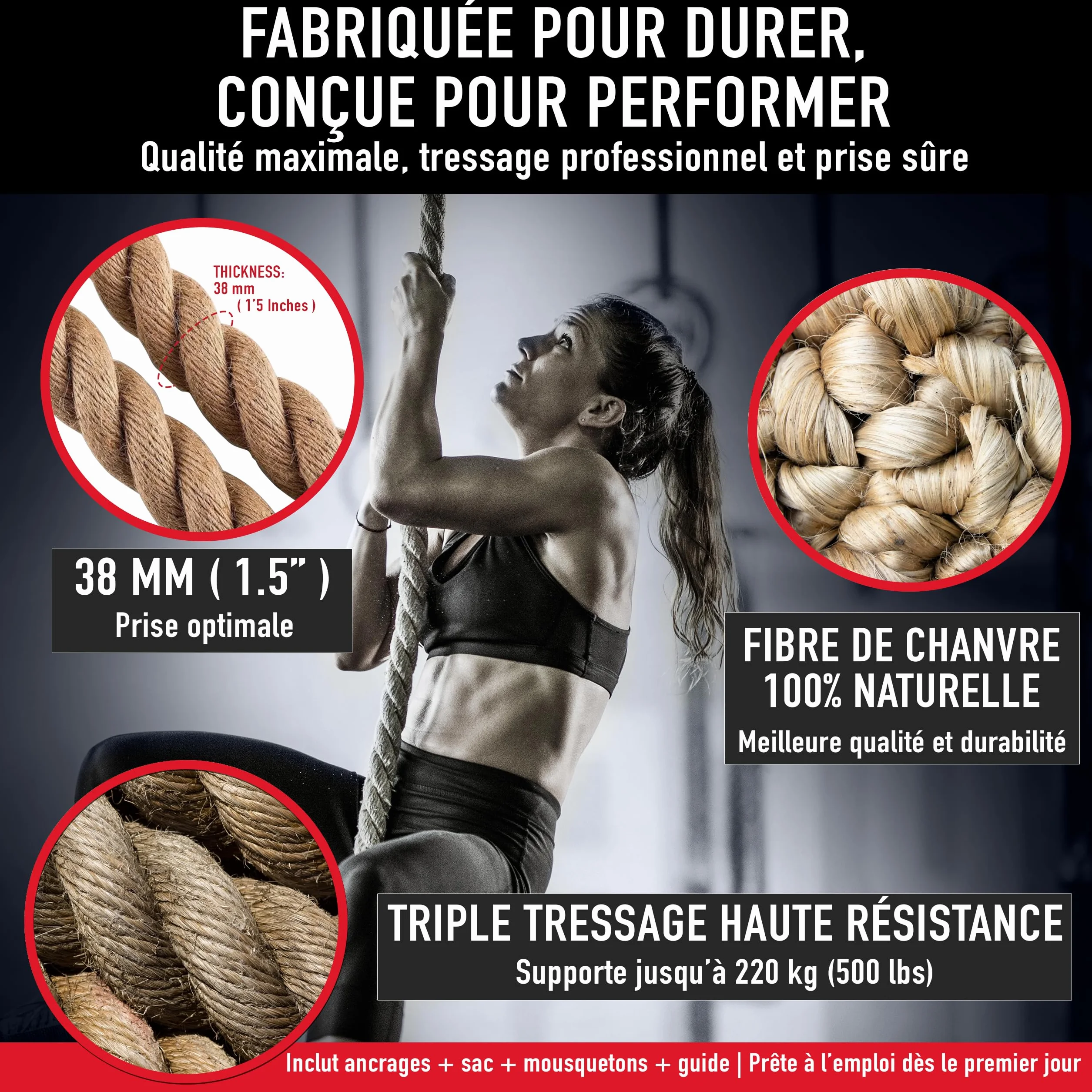 Corde à Grimper en Jute 38 mm, 3-6 m avec Mousqueton pour Crossfit et Pompiers