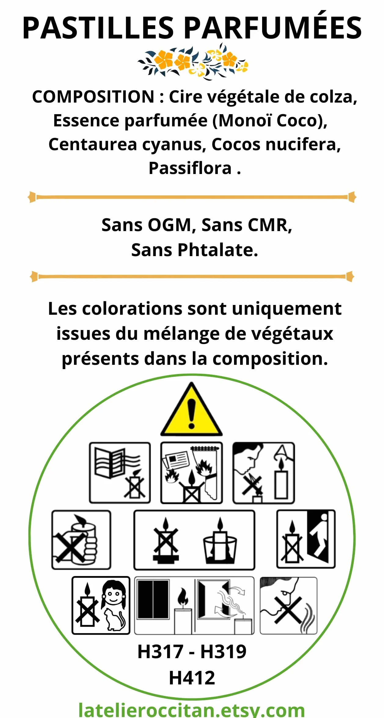 MONOÏ COCO Pastilles parfumées, Cire végétale de colza, Fondants parfumés, Pour brûle parfum (6 szt.)