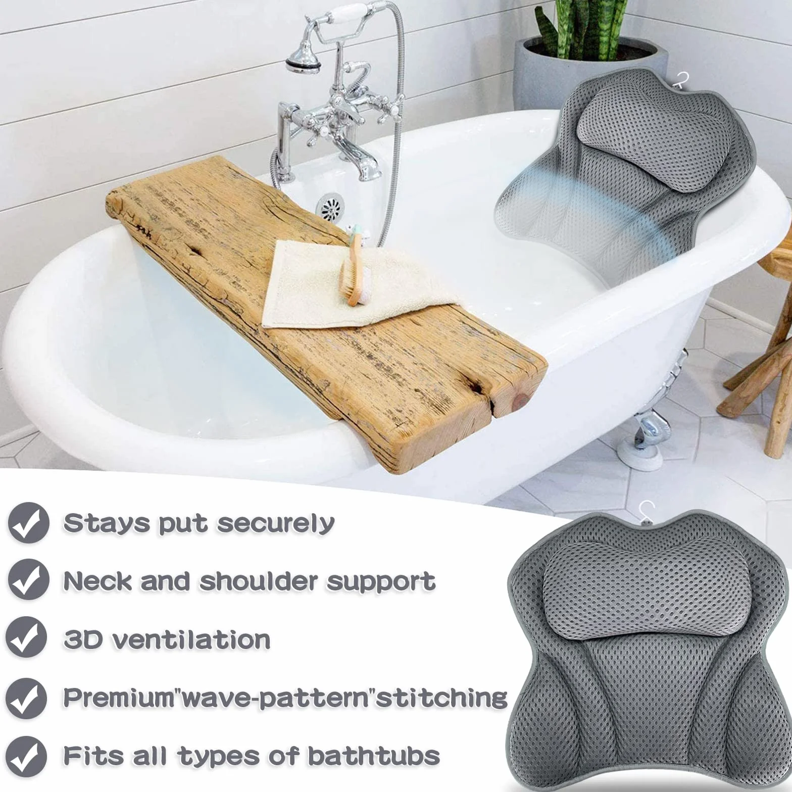 Coussins de Bain Baignoire 4D 6 Ventouses Antidérapant Oreiller Spa Jacuzzi Baignoire Grey
