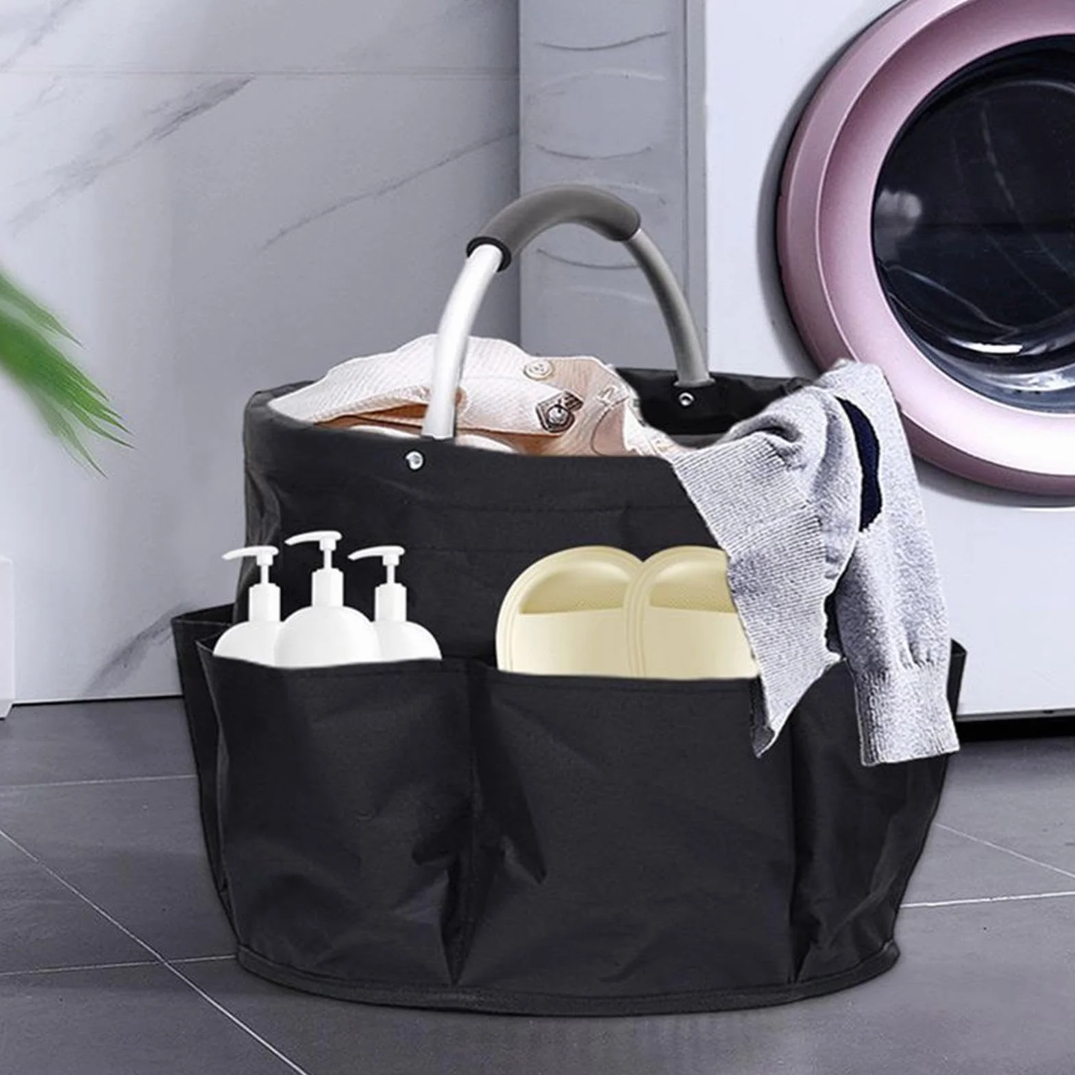 Sac de Rangement Pliable 28x28x28cm avec 6 Poches Latérales, Seau Portable pour Outils Jardinage