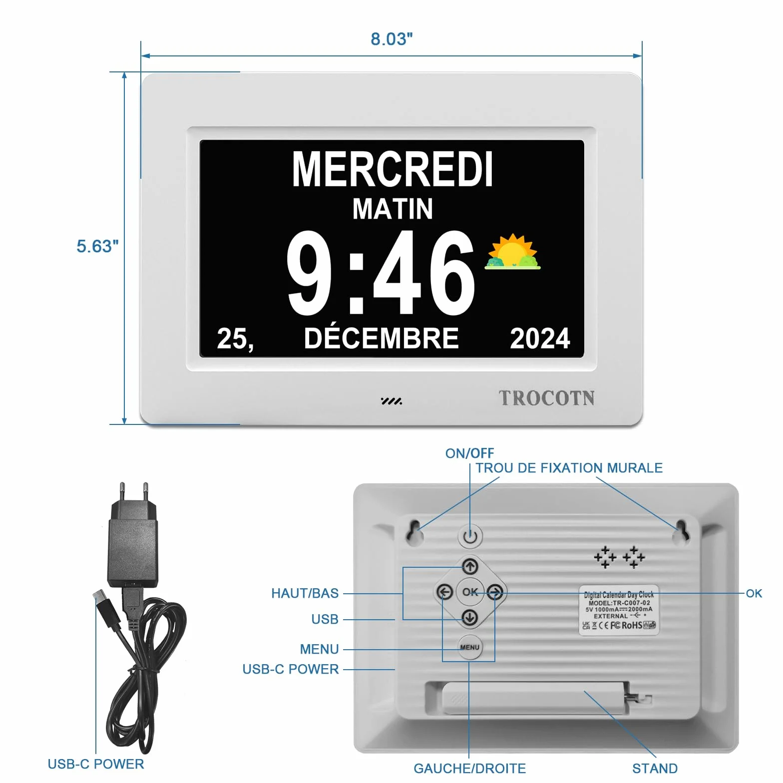 Horloge numérique Grand écran avec Calendrier pour Seniors, 7 Pouces Blanc