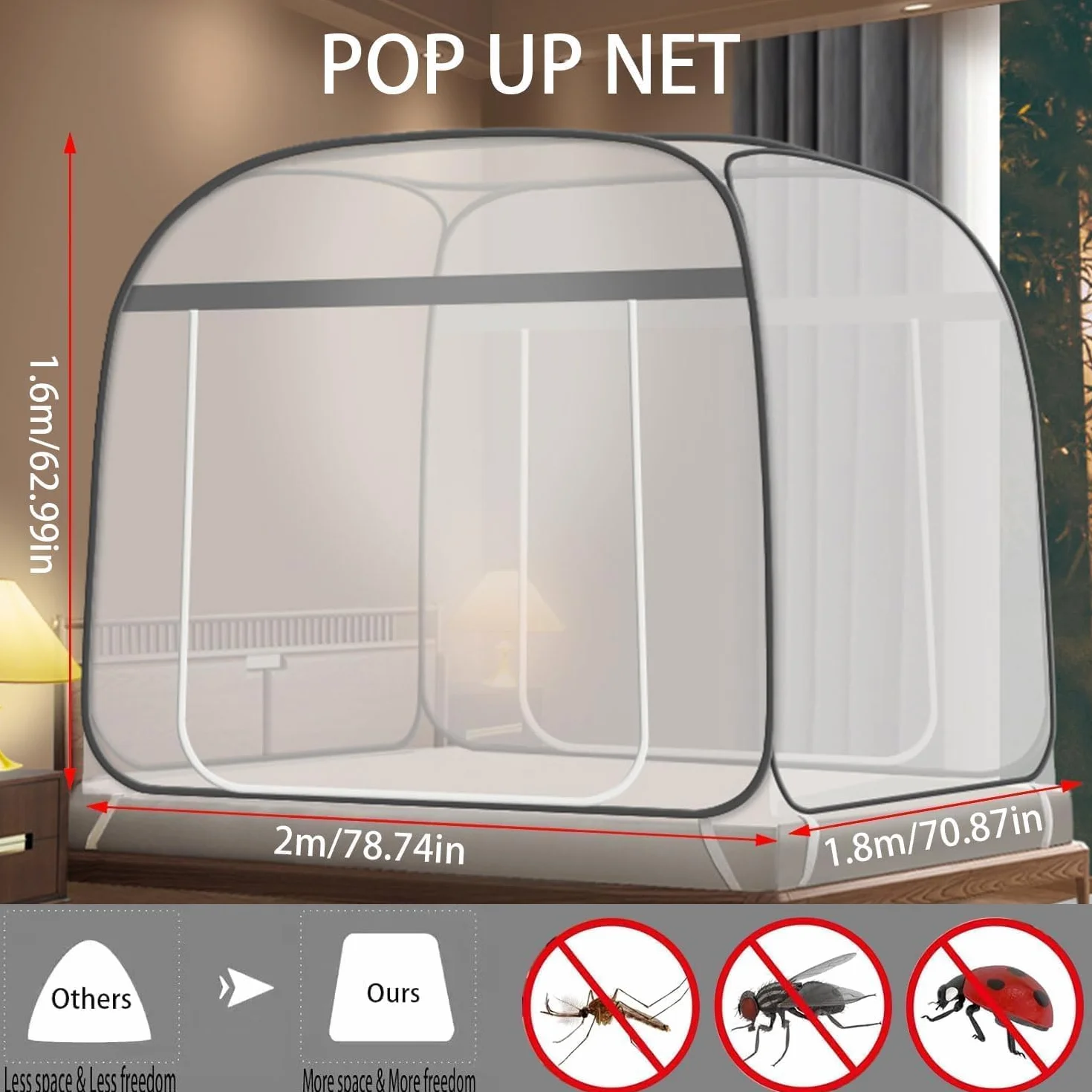 Moustiquaire pour lit déployable, 180 cm x 200 cm, moustiquaire pour lit, moustiquaire portable, pour voyages, pliable, pour chambre, extérieur