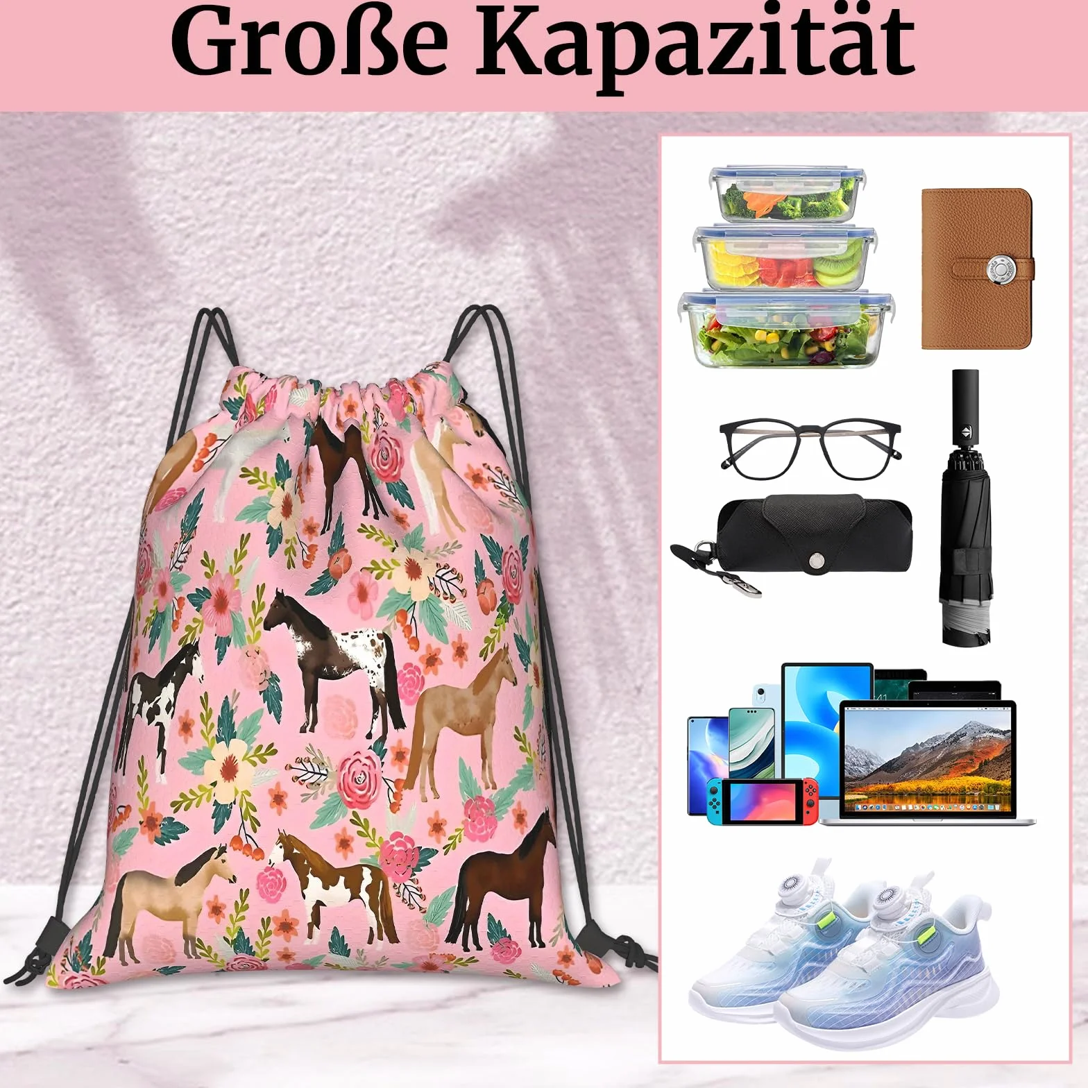Sac de gym design cheval et fleurs - Pliable - Grande capacité - Cordon de serrage - Sac de sport multifonction et sac à dos de natation - Sac à cordon de serrage pour le sport, la salle de gym, les
